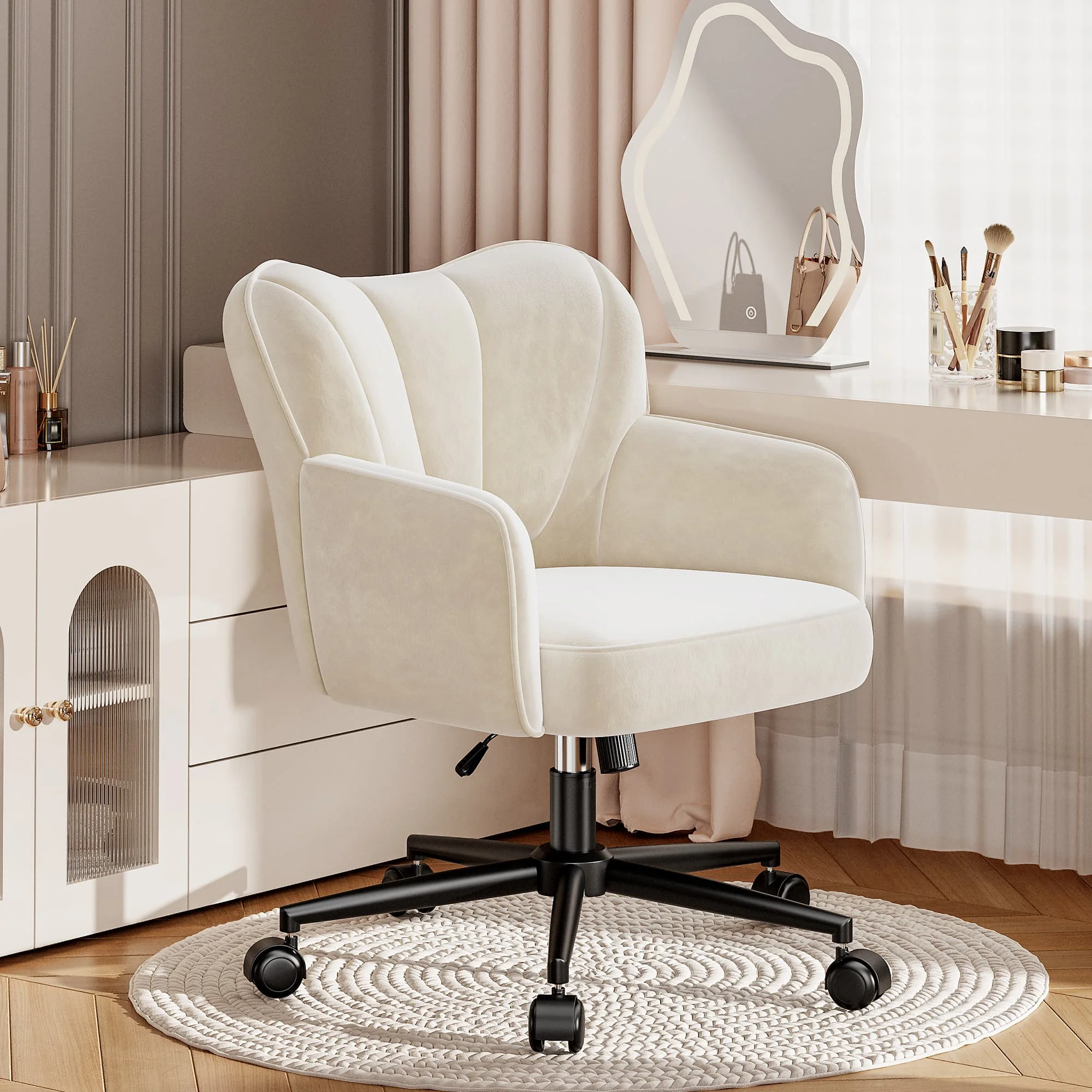 Vanity Chair with Wheels & Back,Vanity Chair Adjustable Height Comfy Desk Chairs for Makeup, Work & Relaxation
