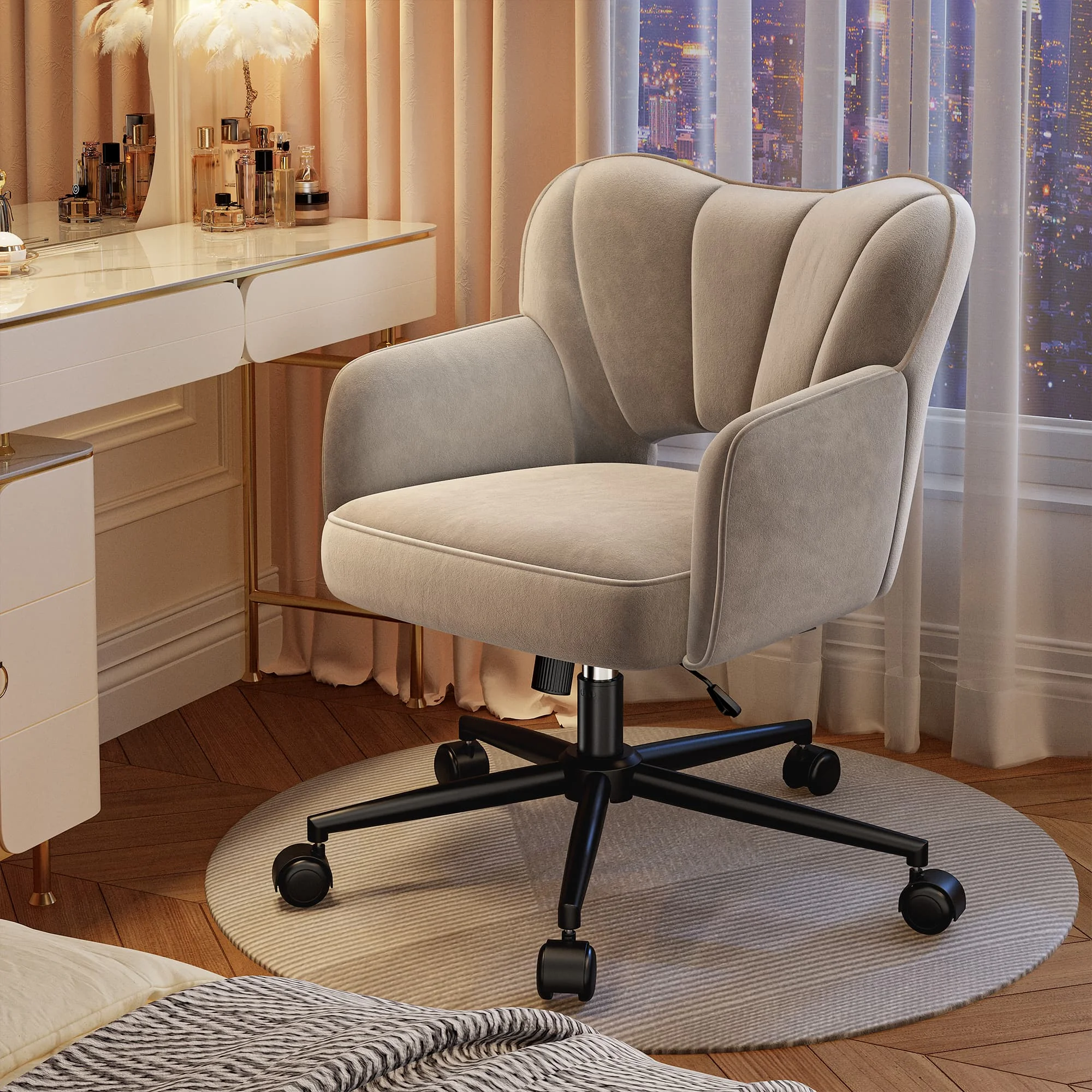 Vanity Chair with Wheels & Back,Vanity Chair Adjustable Height Comfy Desk Chairs for Makeup, Work & Relaxation