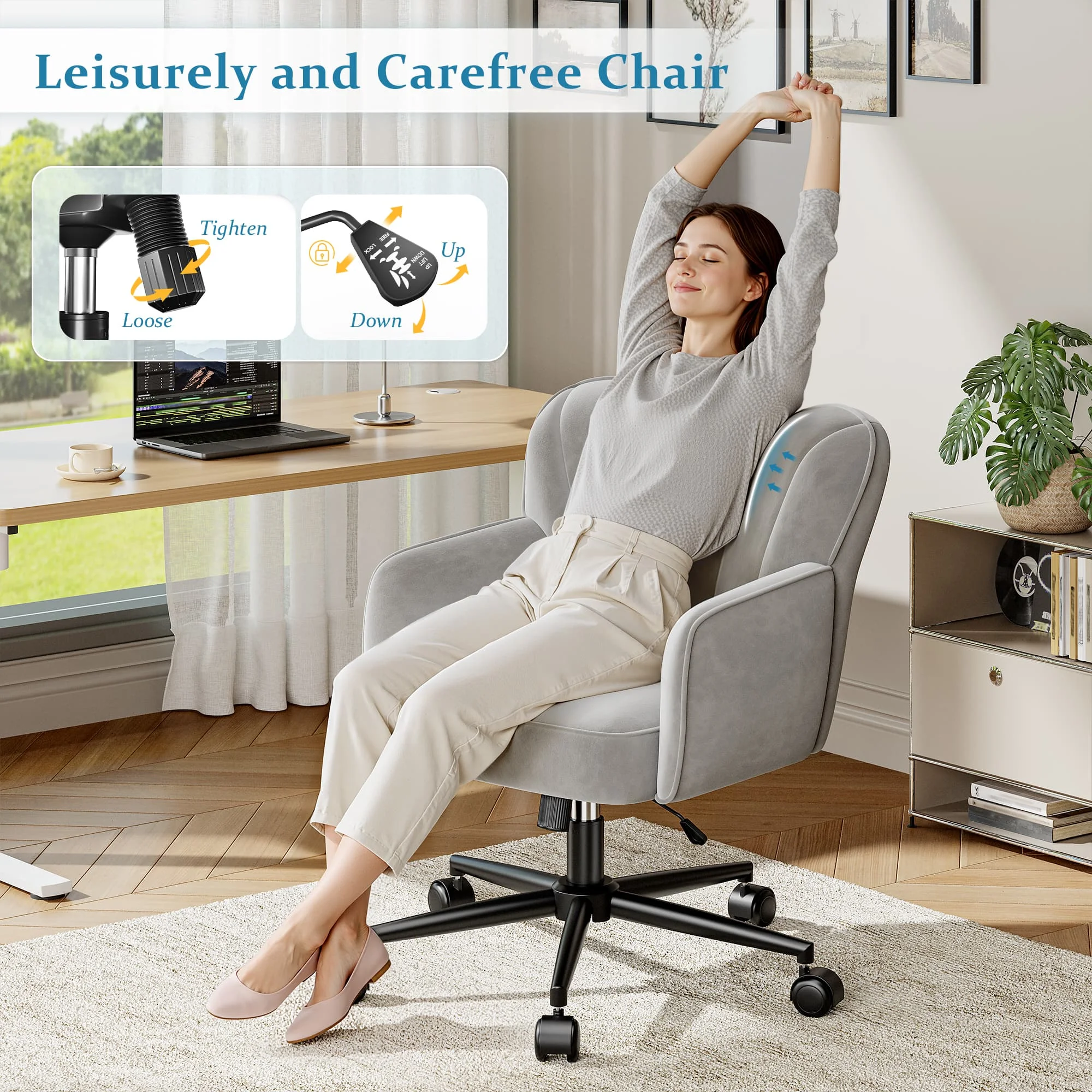 Vanity Chair with Wheels & Back,Vanity Chair Adjustable Height Comfy Desk Chairs for Makeup, Work & Relaxation