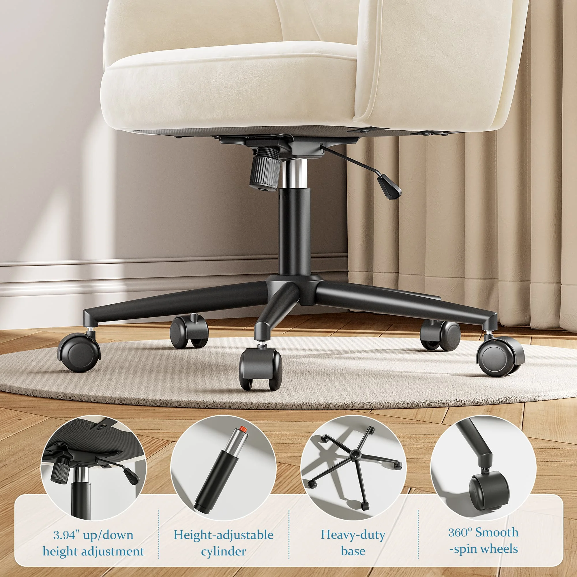 Vanity Chair with Wheels & Back,Vanity Chair Adjustable Height Comfy Desk Chairs for Makeup, Work & Relaxation