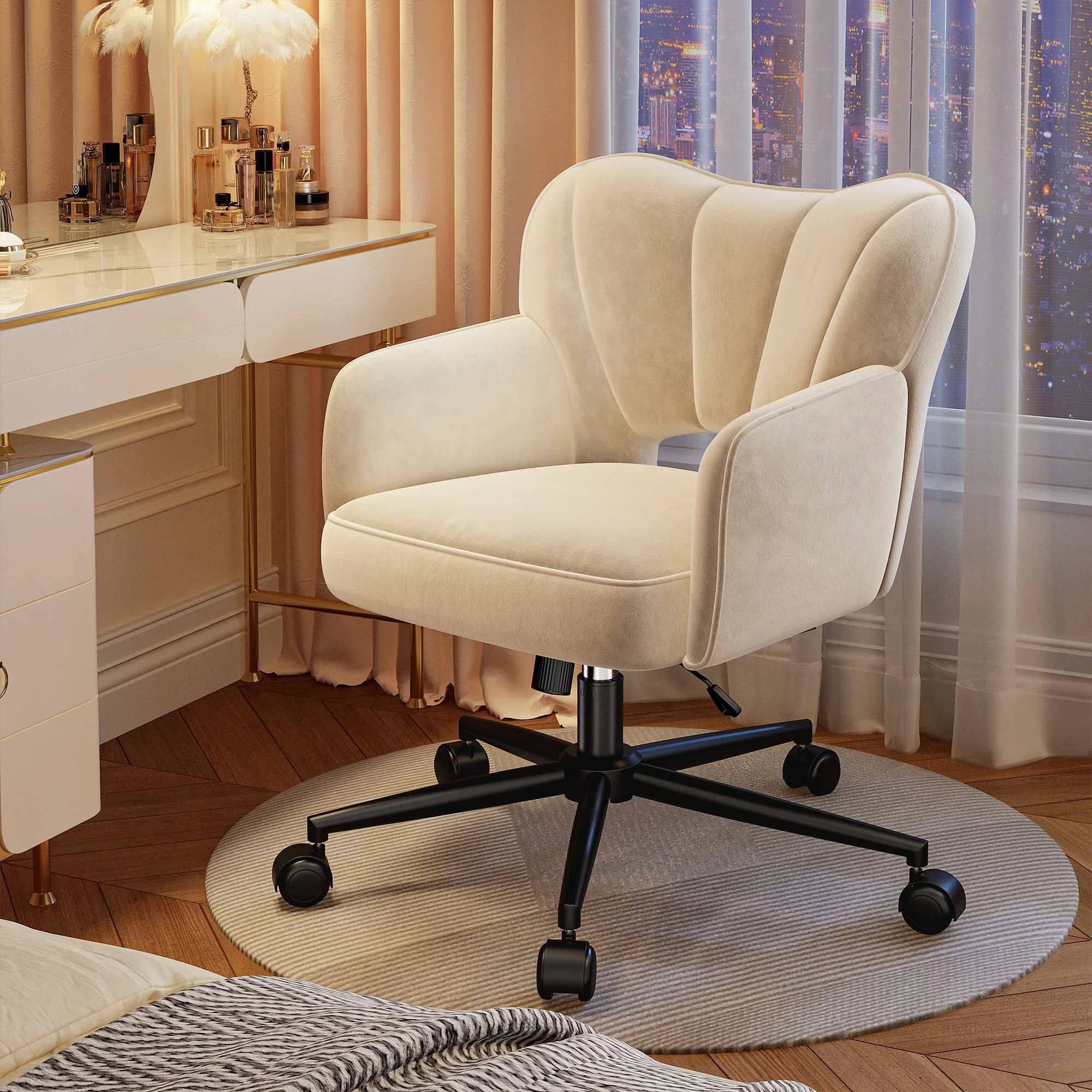 Vanity Chair with Wheels & Back,Vanity Chair Adjustable Height Comfy Desk Chairs for Makeup, Work & Relaxation