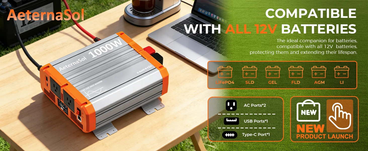 (US Stock 2-5 Days) AeternaSol 250W Power Inverter For 18V DeWalt 20V MAX Battery Portable Power Station 110V AC 500W Peak Surge QC3.0 USB 20W PD 20W Type-C LED Work Light Camping Outdoor Night Fishing Job Site Hunting Blind Emergency Backup