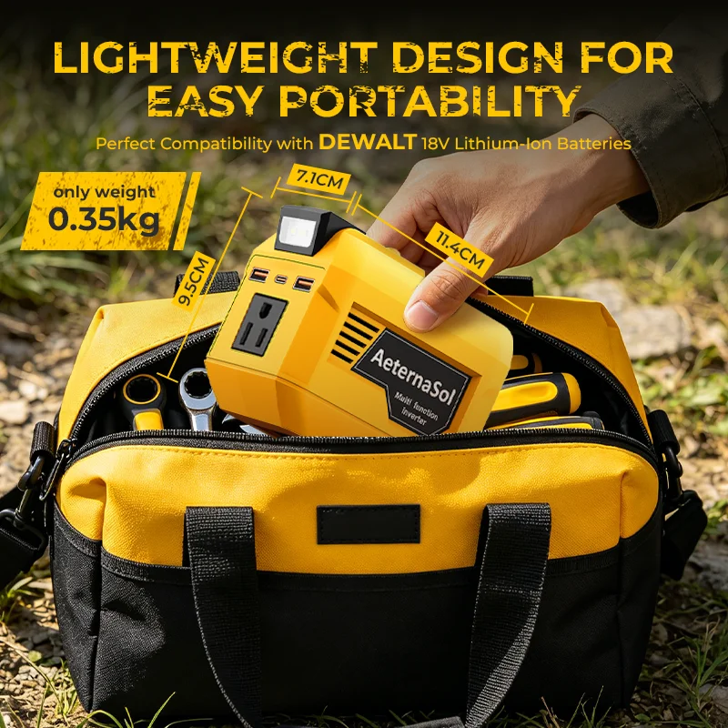 (US Stock 2-5 Days) AeternaSol 250W Power Inverter For 18V DeWalt 20V MAX Battery Portable Power Station 110V AC 500W Peak Surge QC3.0 USB 20W PD 20W Type-C LED Work Light Camping Outdoor Night Fishing Job Site Hunting Blind Emergency Backup