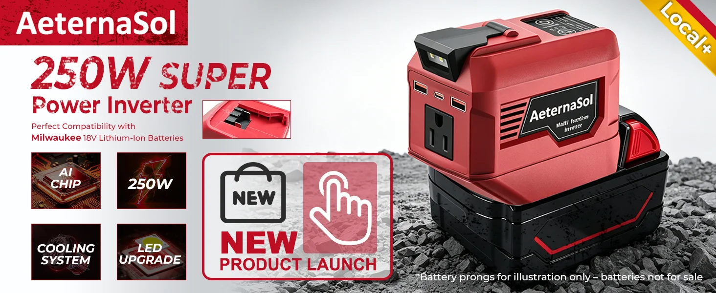 (US Stock 2-5 Days) AeternaSol 250W Power Inverter For 18V DeWalt 20V MAX Battery Portable Power Station 110V AC 500W Peak Surge QC3.0 USB 20W PD 20W Type-C LED Work Light Camping Outdoor Night Fishing Job Site Hunting Blind Emergency Backup