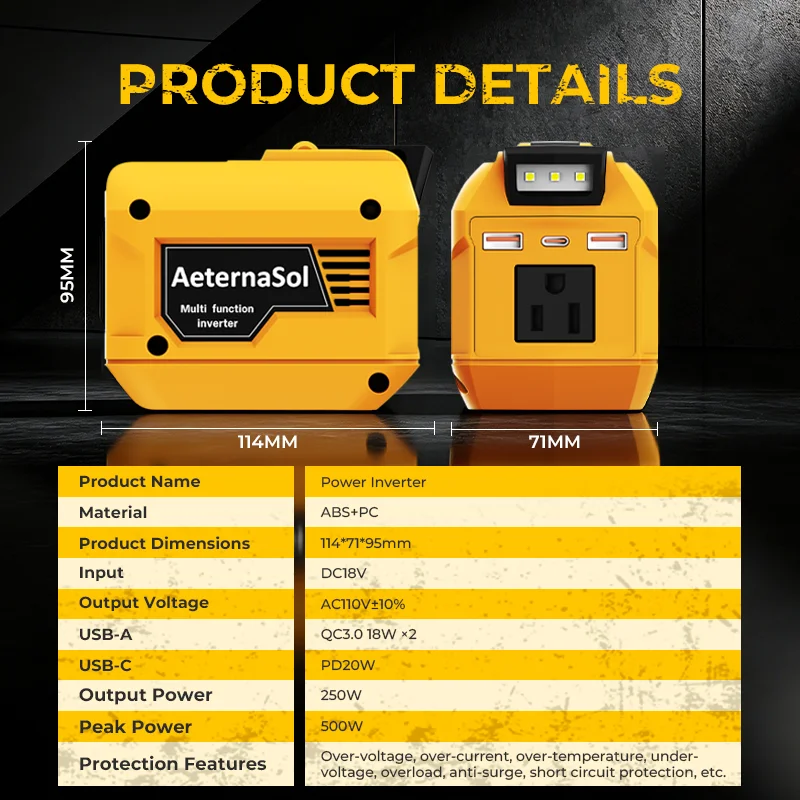 (US Stock 2-5 Days) AeternaSol 250W Power Inverter For 18V DeWalt 20V MAX Battery Portable Power Station 110V AC 500W Peak Surge QC3.0 USB 20W PD 20W Type-C LED Work Light Camping Outdoor Night Fishing Job Site Hunting Blind Emergency Backup