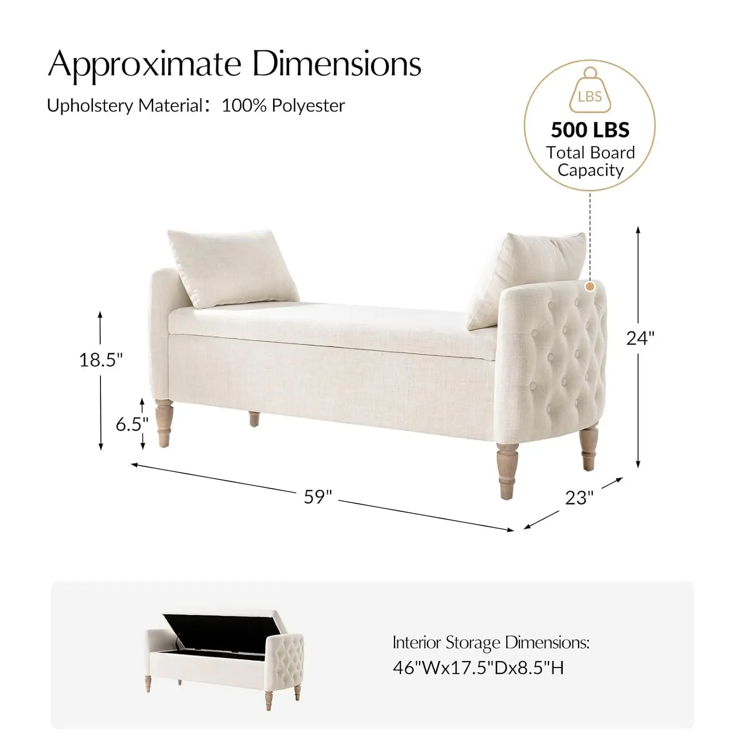 Storage Bench for Bedroom with Throw Pillows, 59" Large Bedroom Ottoman Bench with Solid Wood Frame, Comfy, Customized