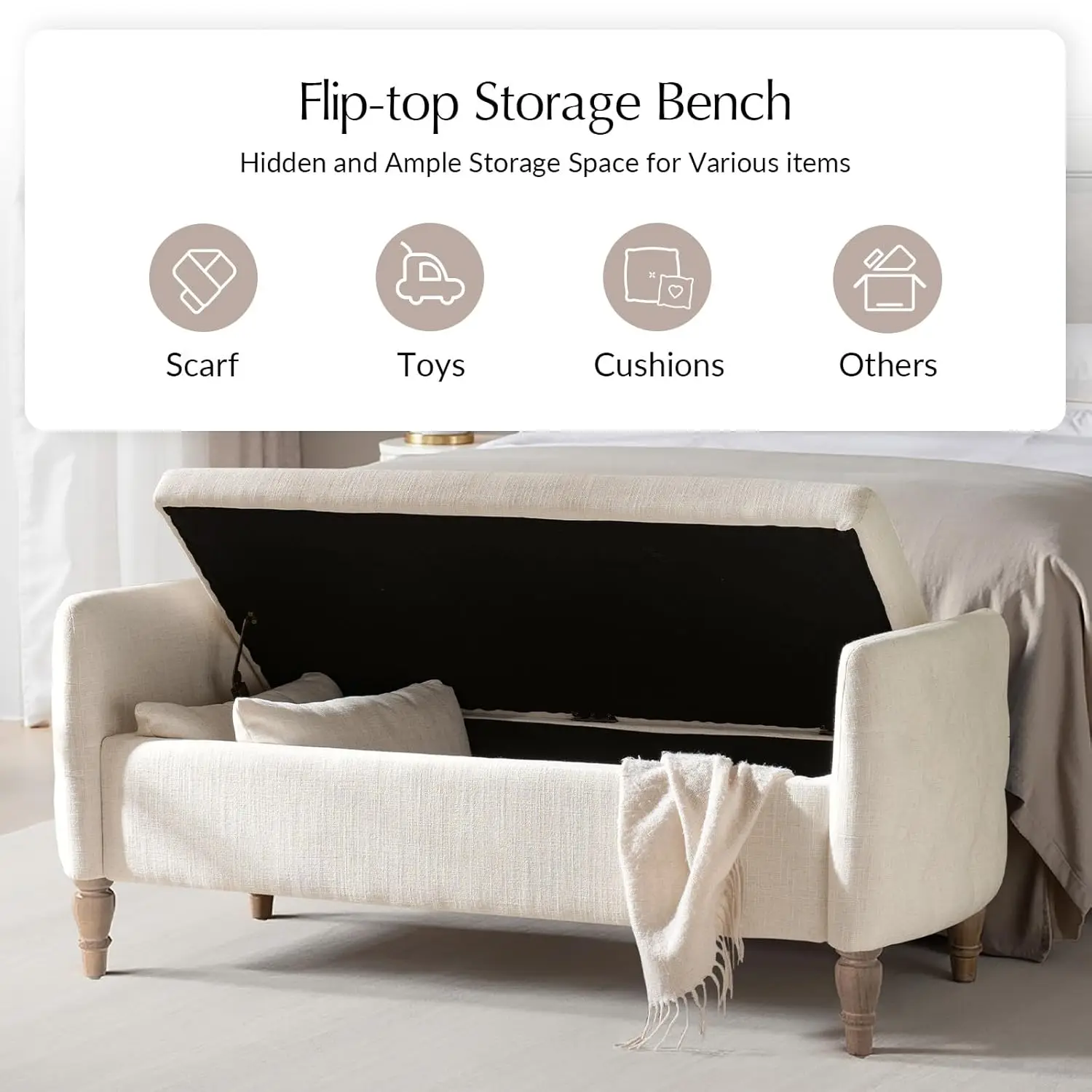 Storage Bench for Bedroom with Throw Pillows, 59" Large Bedroom Ottoman Bench with Solid Wood Frame, Comfy, Customized
