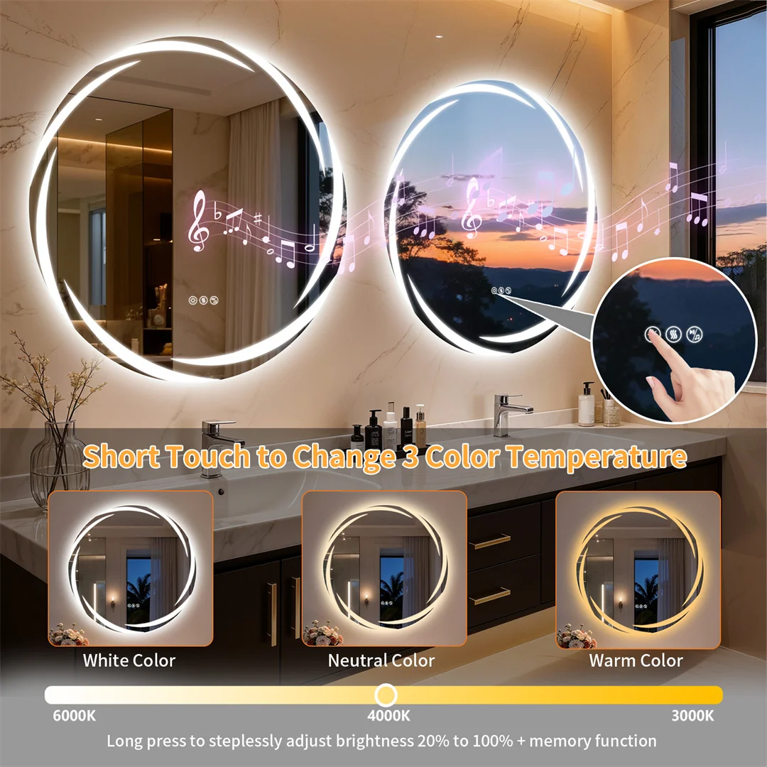 LUVODI 32" Round Bluetooth Bathroom Mirror,LED Wall Vanity with Double Speakers,Defog,Dimming & Memory Function