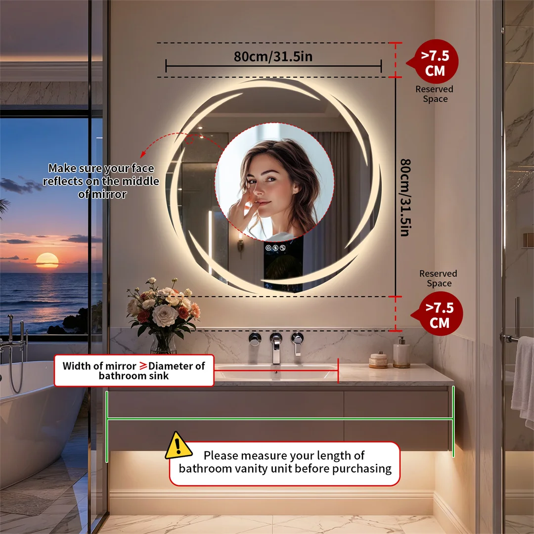 LUVODI 32" Round Bluetooth Bathroom Mirror,LED Wall Vanity with Double Speakers,Defog,Dimming & Memory Function