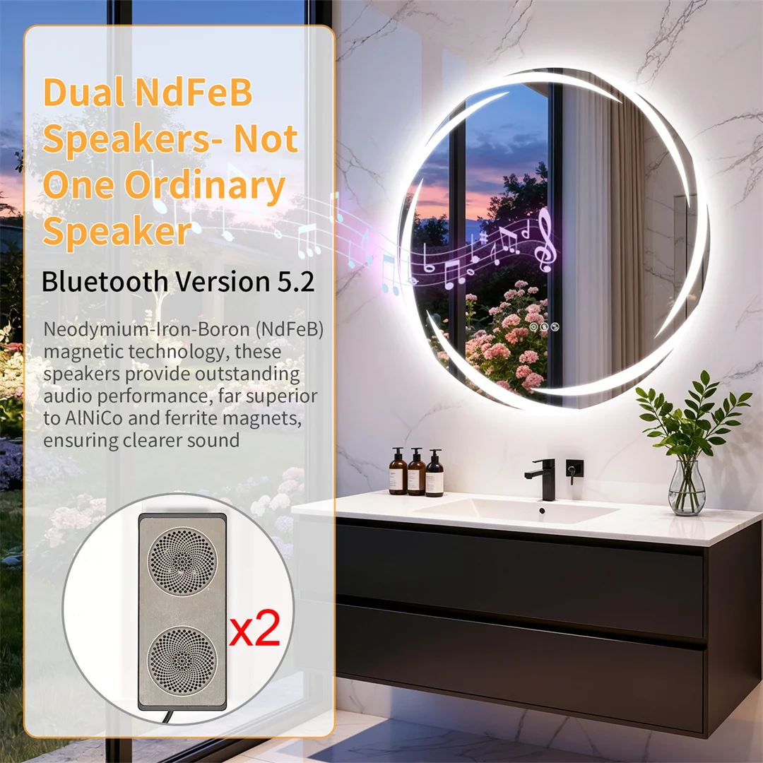 LUVODI 32" Round Bluetooth Bathroom Mirror,LED Wall Vanity with Double Speakers,Defog,Dimming & Memory Function