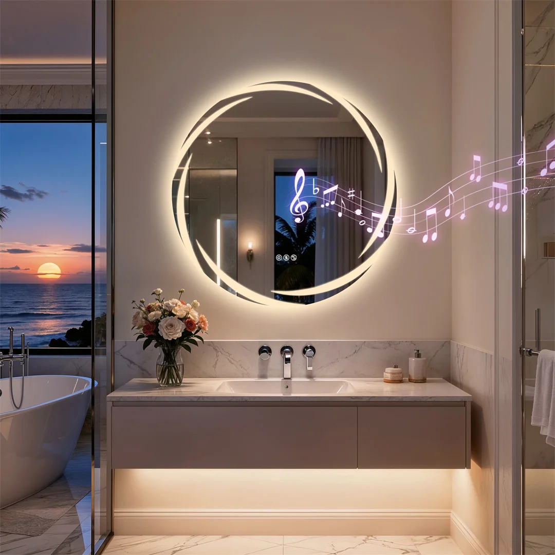LUVODI 32" Round Bluetooth Bathroom Mirror,LED Wall Vanity with Double Speakers,Defog,Dimming & Memory Function