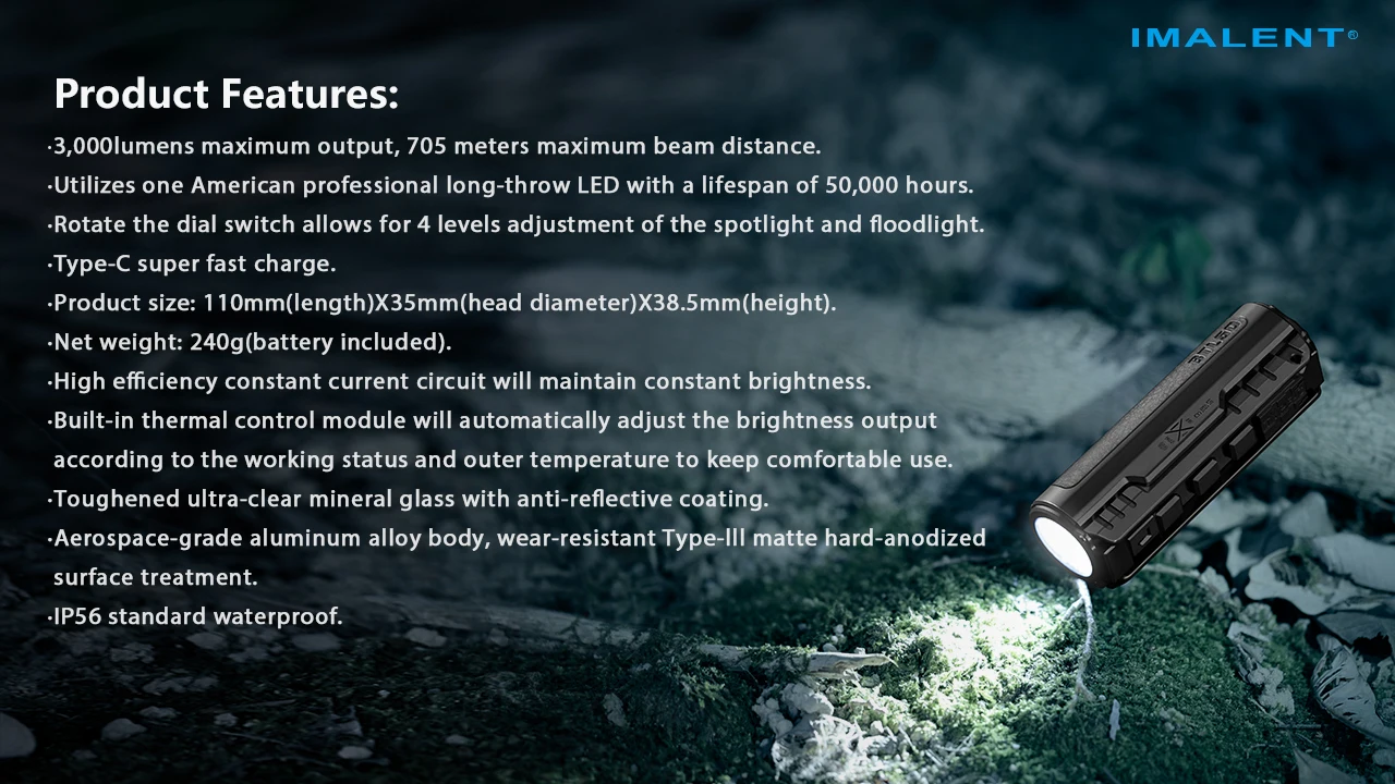 IMALENT BTL50 Electronic Focus Flashlight 3000LM 705M Range Portable EDC Tactical Fast Charging Waterproof for Patrol Hiking