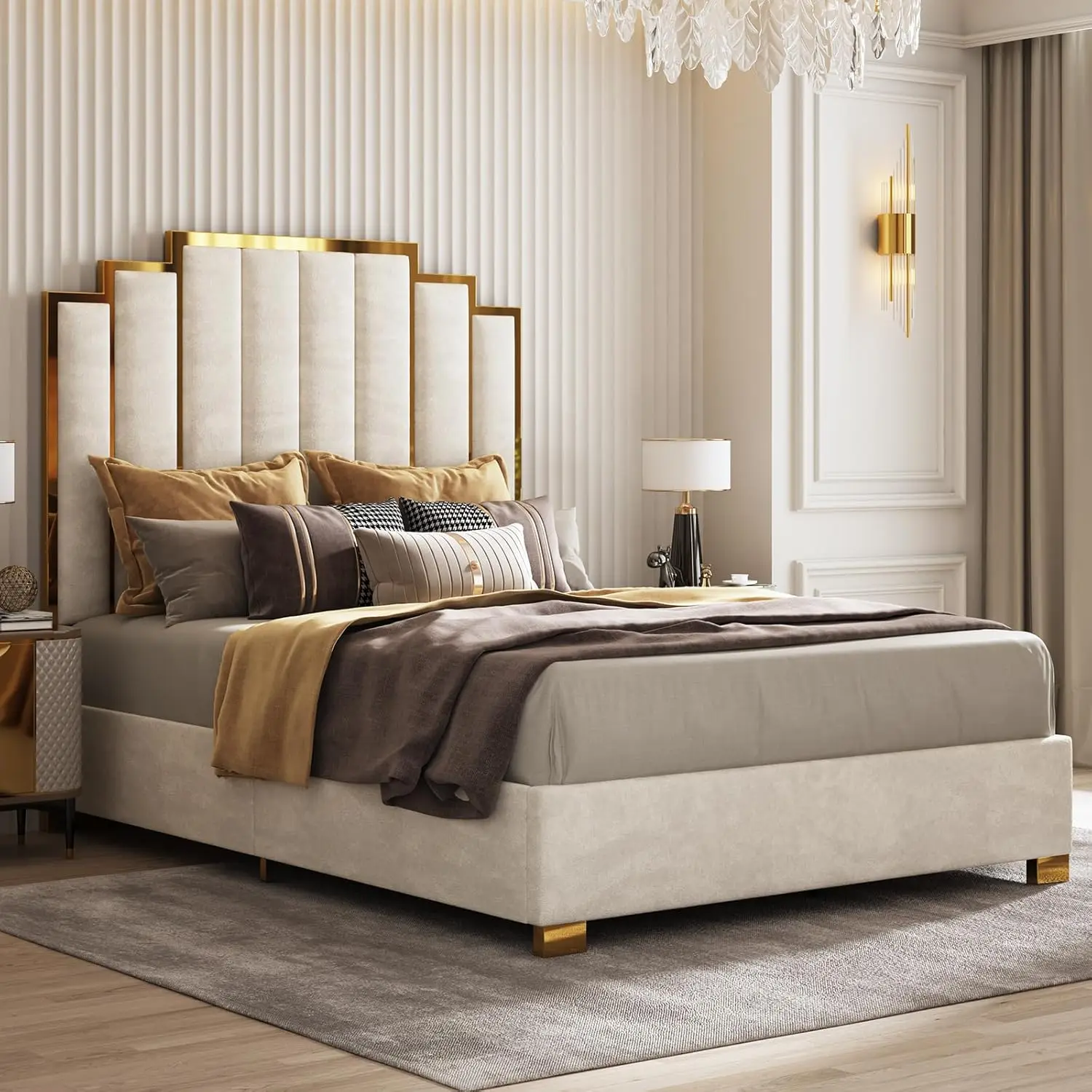 Queen Upholstered Velvet Platform Bed with Gold Trim Headboard No Box Spring Needed Bedroom Furniture, Customized