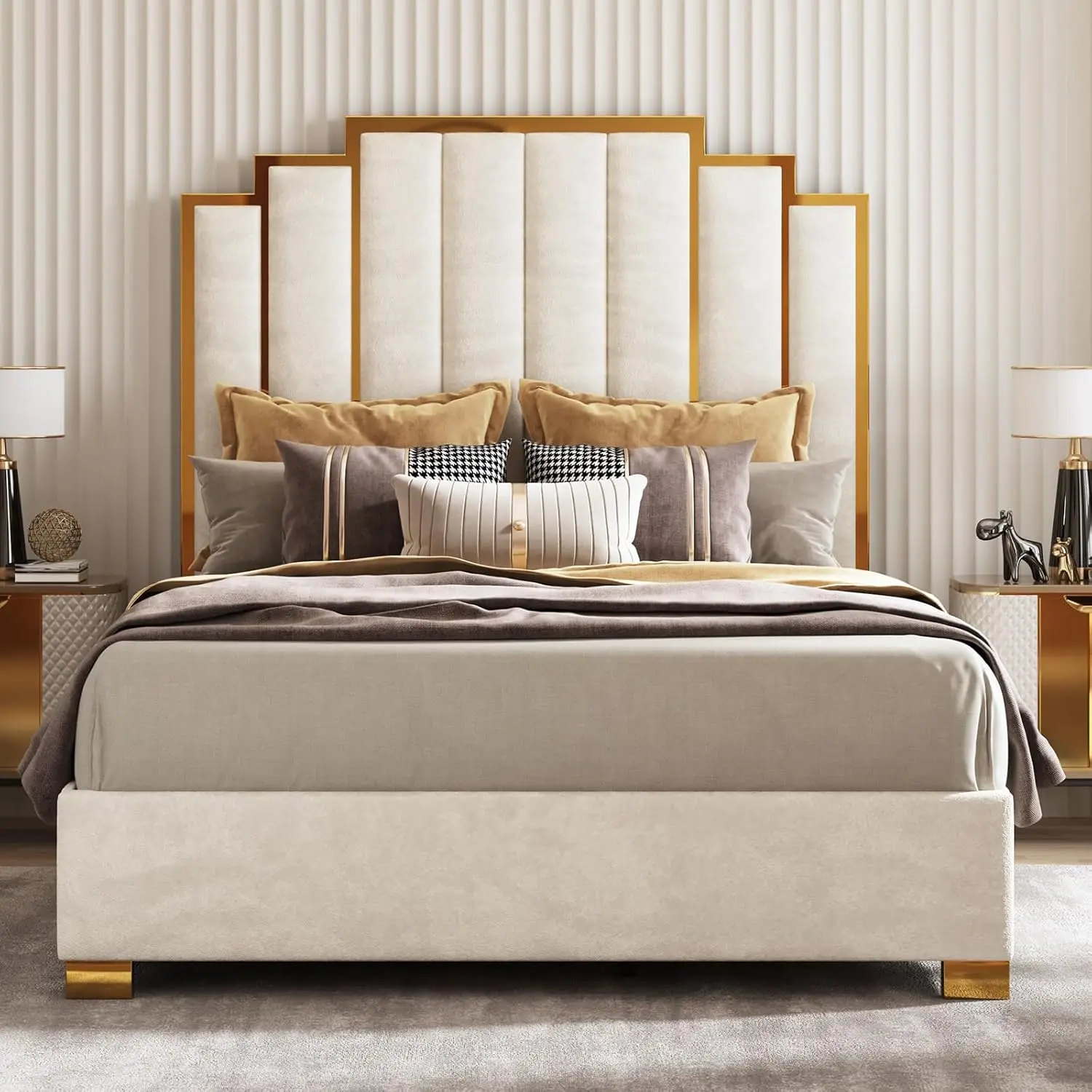 Queen Upholstered Velvet Platform Bed with Gold Trim Headboard No Box Spring Needed Bedroom Furniture, Customized