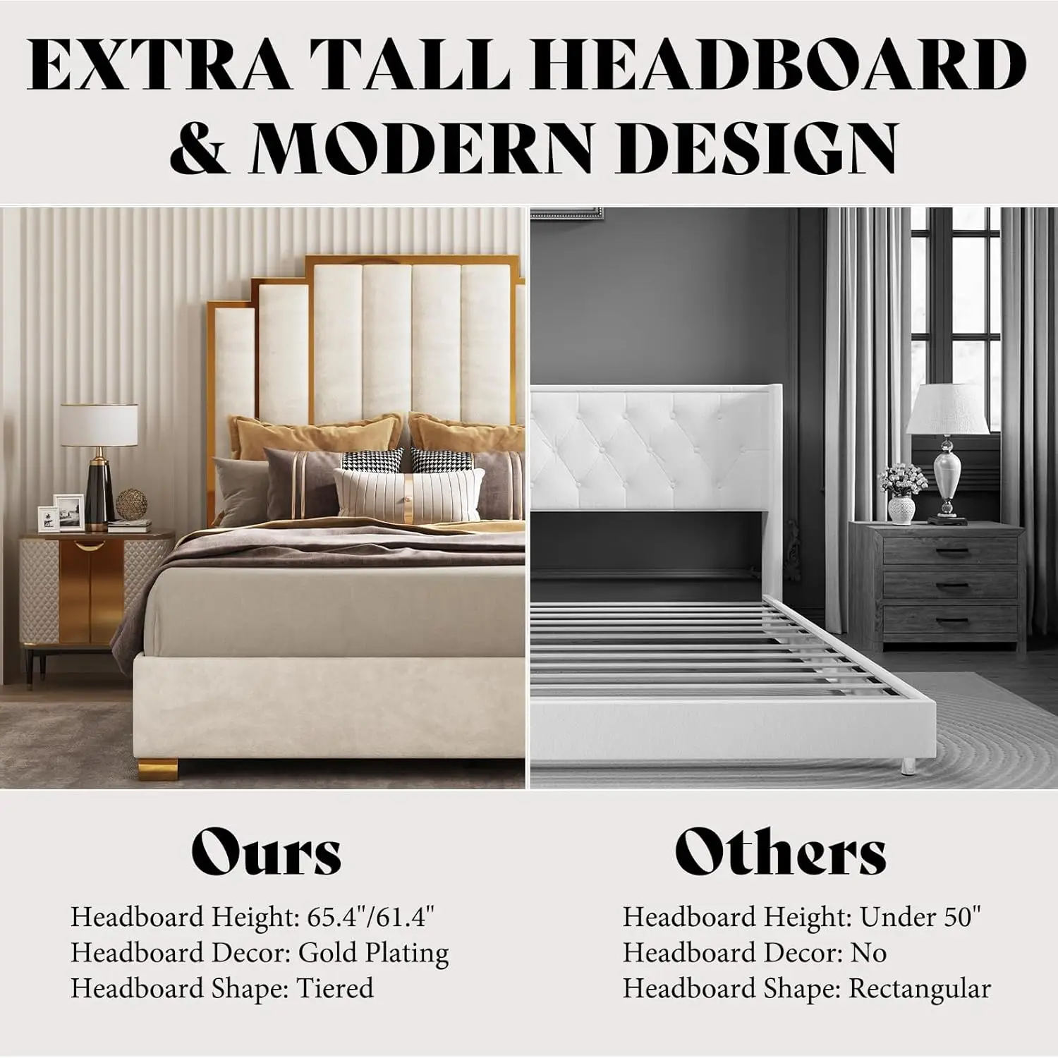 Queen Upholstered Velvet Platform Bed with Gold Trim Headboard No Box Spring Needed Bedroom Furniture, Customized