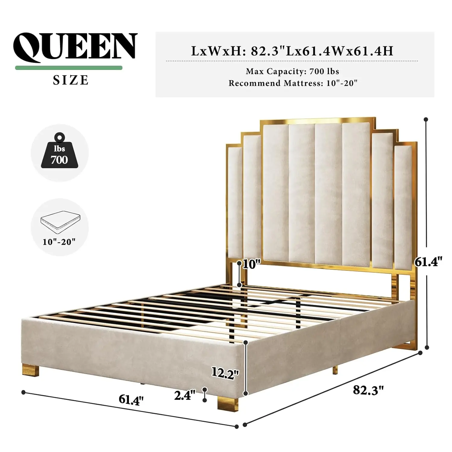 Queen Upholstered Velvet Platform Bed with Gold Trim Headboard No Box Spring Needed Bedroom Furniture, Customized