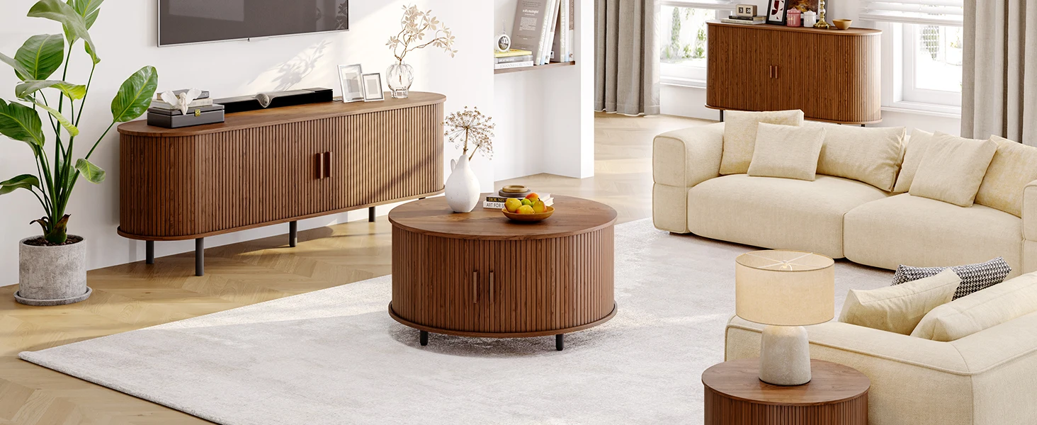 Round Coffee Table with Storage, 31.5 In Drum Coffee Table with 360° Curved Sliding Door, ModernFluted Wood Accent Coffee Tablee