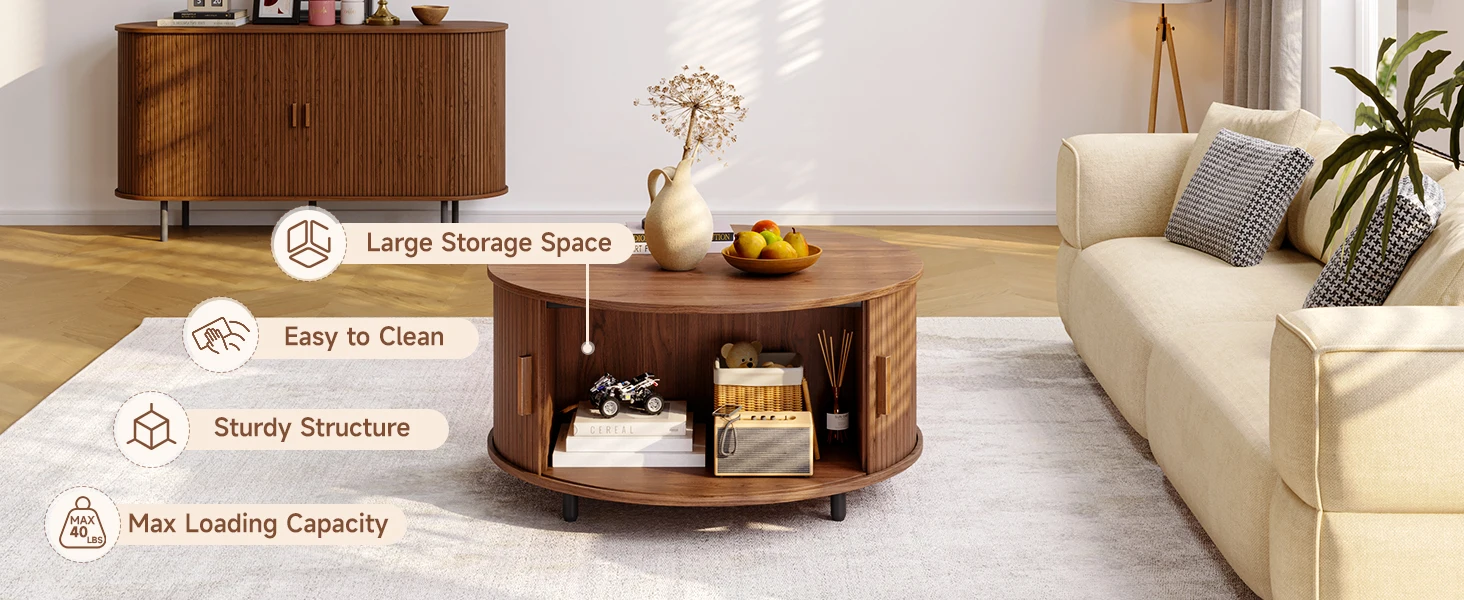 Round Coffee Table with Storage, 31.5 In Drum Coffee Table with 360° Curved Sliding Door, ModernFluted Wood Accent Coffee Tablee