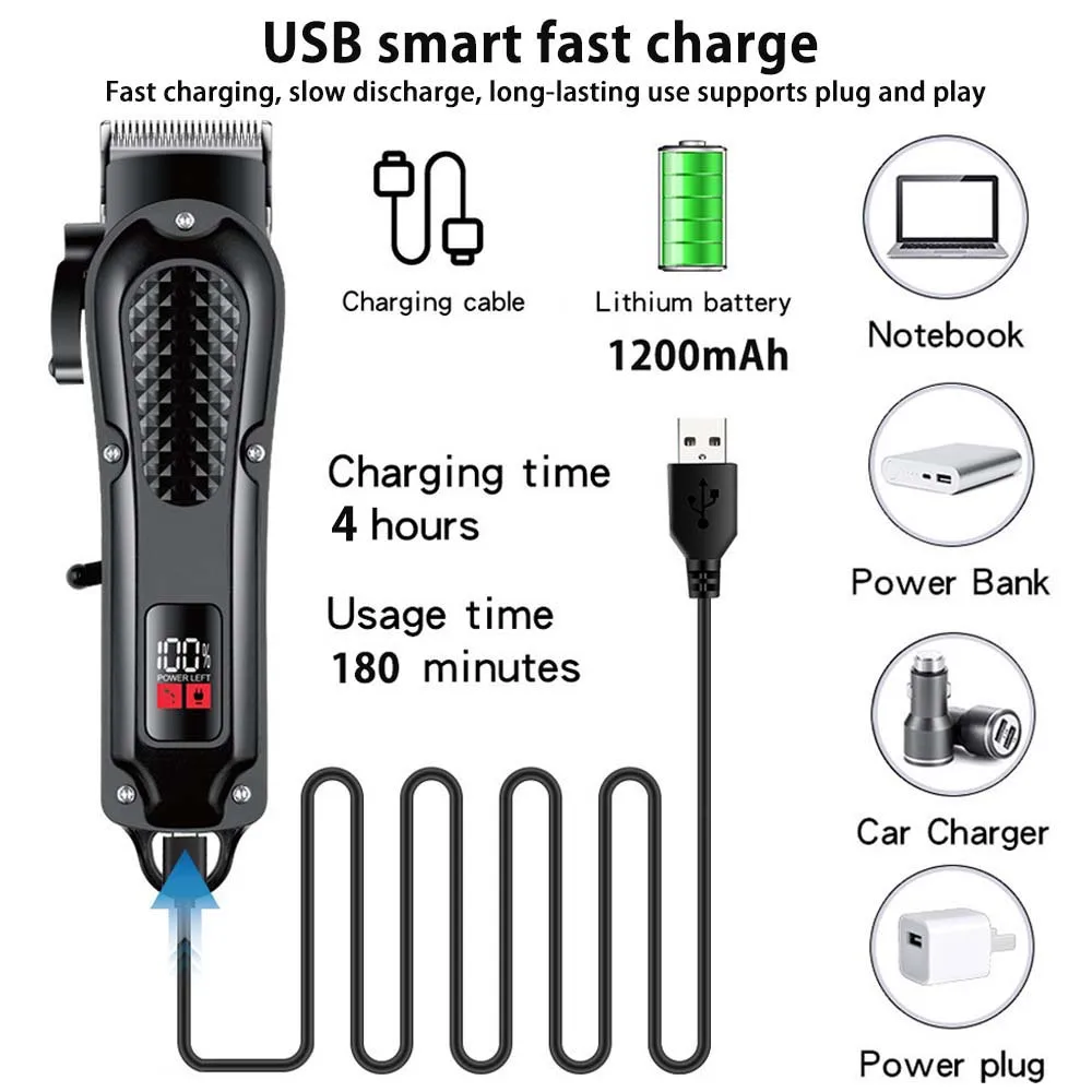 Professional Cordless Hair Clipper for Men Electric Barber Clipper & Trimmer Rechargeable Men's Hair Cutting Tools