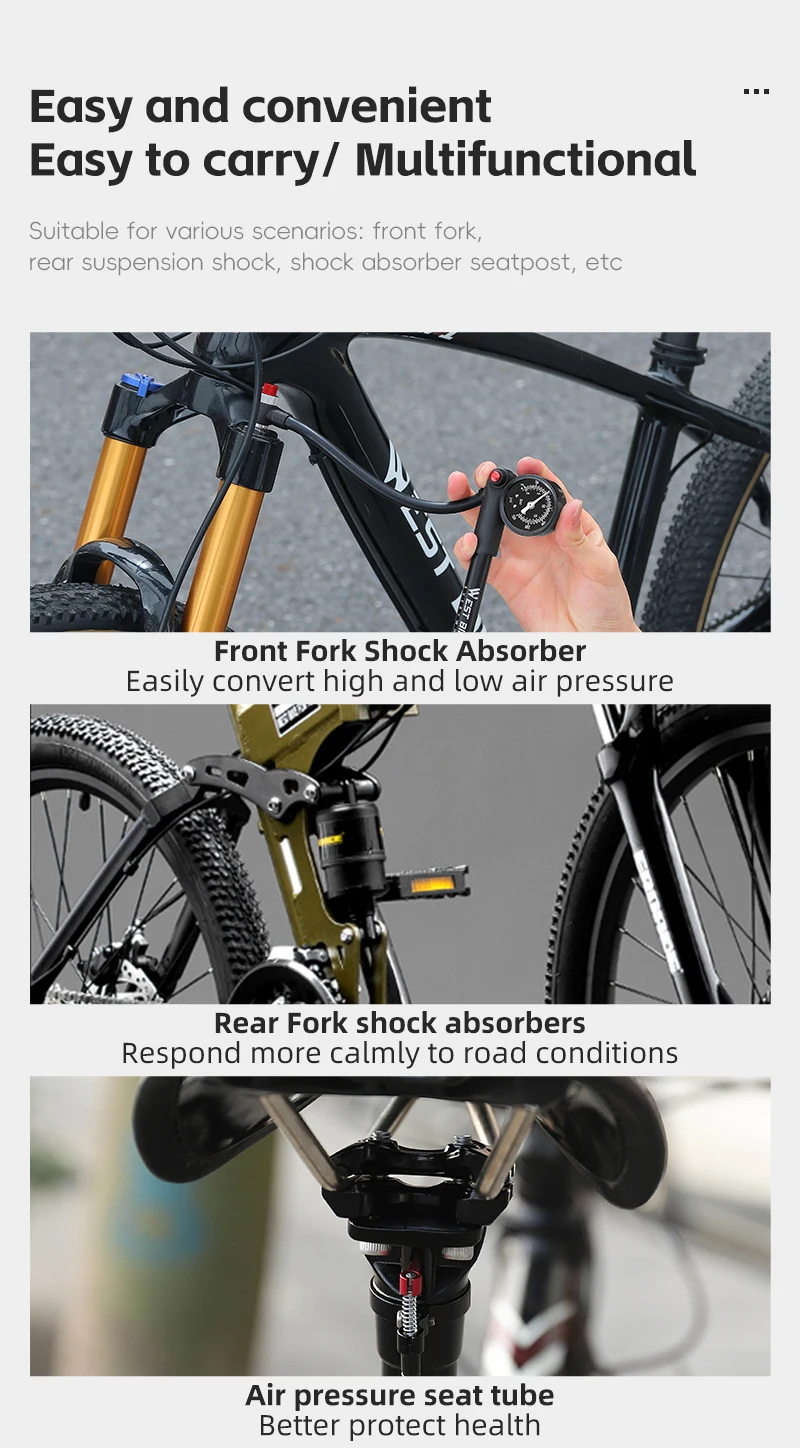 WEST BIKING 400PSI Bicycle Air Pump High Pressure MTB Bicycle Pump Front Fork Rear Suspension Pressure Gauge Schrader Valve