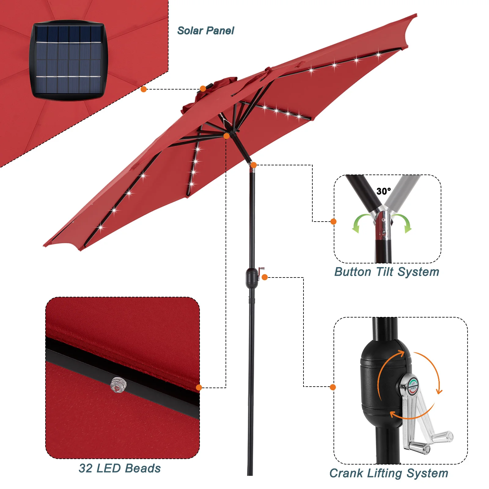 JHK 10FT Solar Patio Umbrella with 32 LED Lights UV-Resistant Outdoor Table Umbrella with Tilt and Crank for Backyard Garden