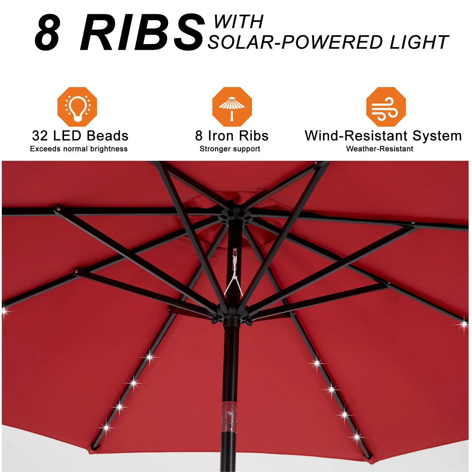 JHK 10FT Solar Patio Umbrella with 32 LED Lights UV-Resistant Outdoor Table Umbrella with Tilt and Crank for Backyard Garden