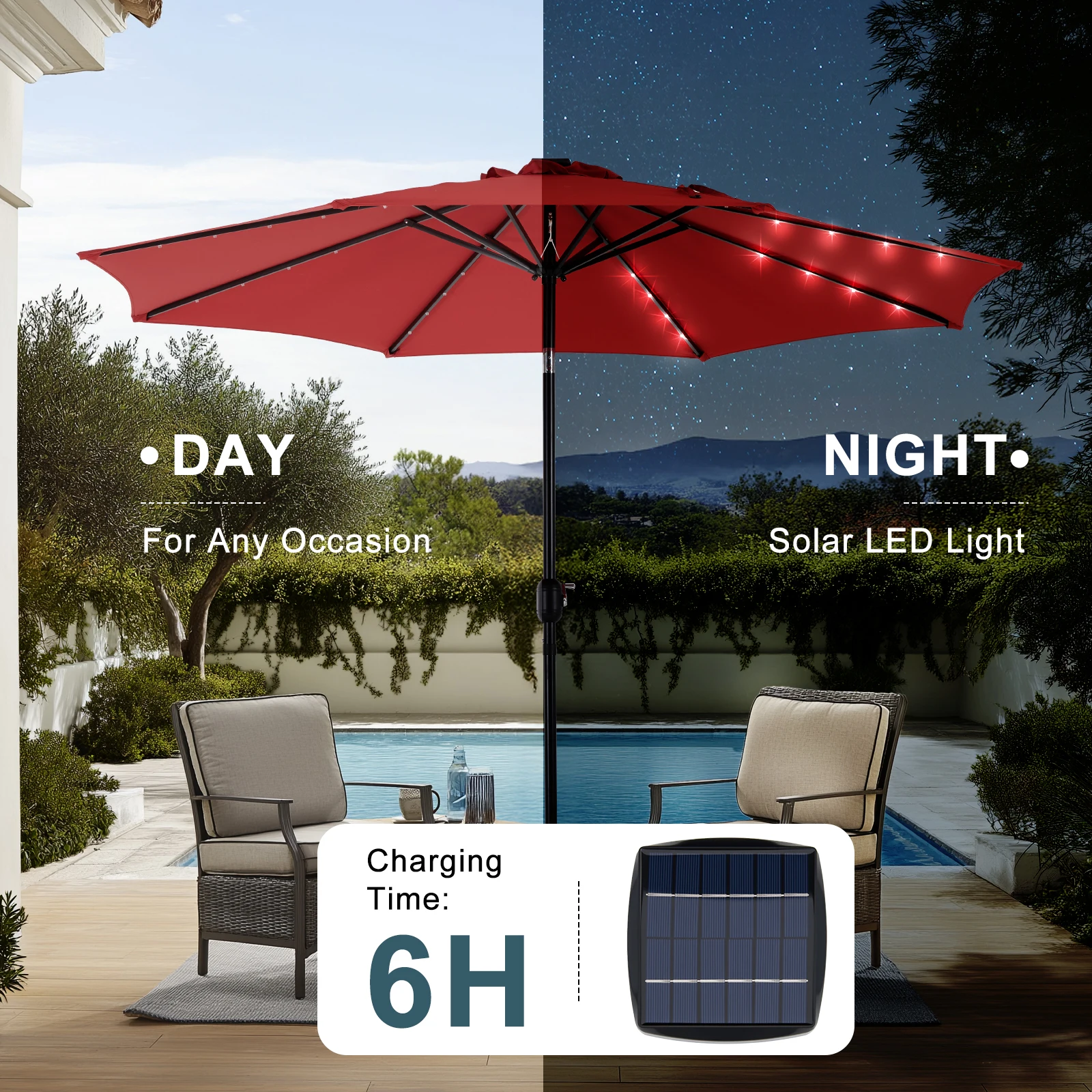 JHK 10FT Solar Patio Umbrella with 32 LED Lights UV-Resistant Outdoor Table Umbrella with Tilt and Crank for Backyard Garden