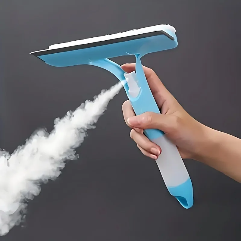 3-in-1 Window Cleaning Kit - Dual-Sided Glass Scrubber with Squeegee & Spray Bottle for Mirrors, Shower Doors, No-Streak (Blue/B