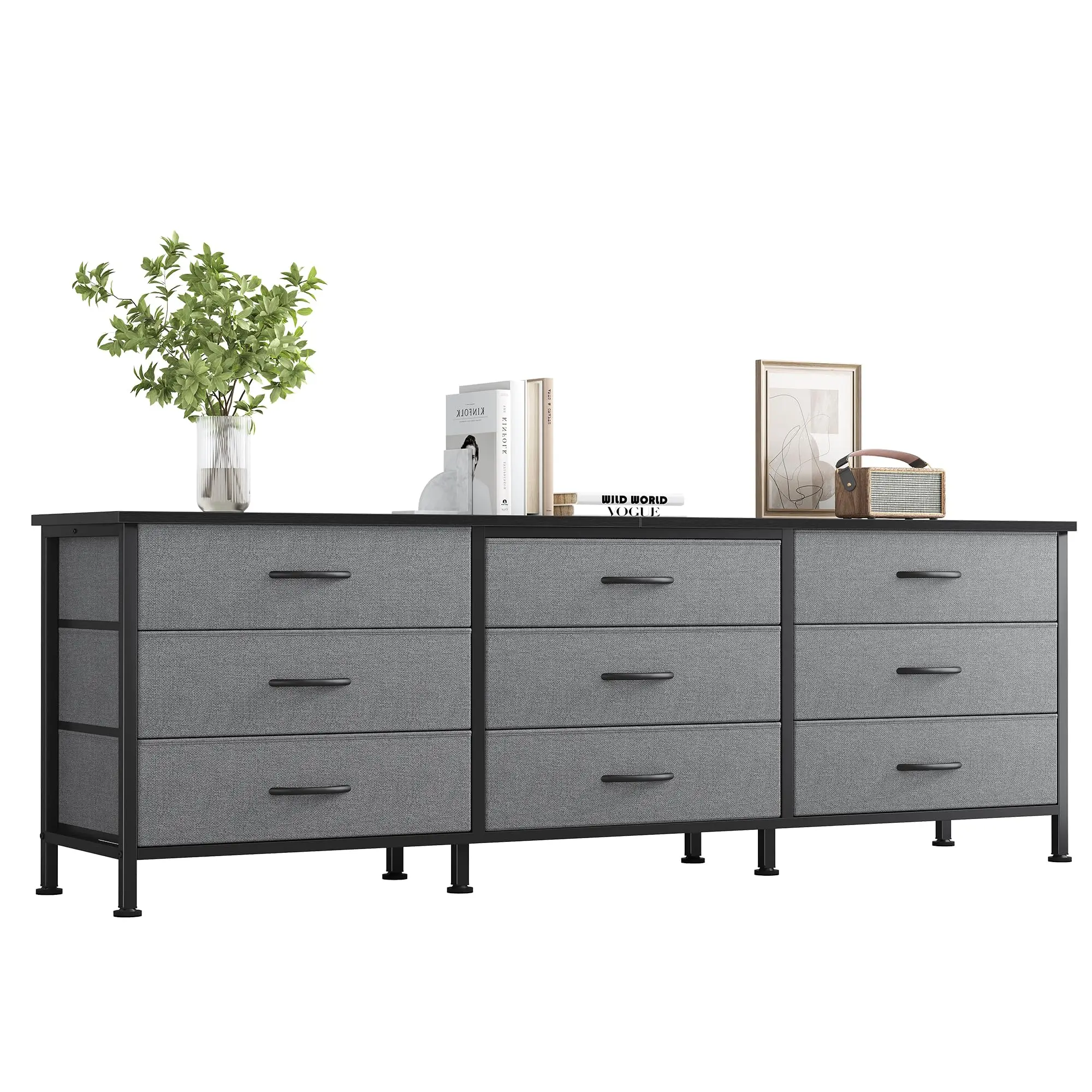 JHK Cabinet For Living Room With 9 Fabric Drawers Long Entertainment Center Up to 75 Inch TV Storage Display Of Furniture