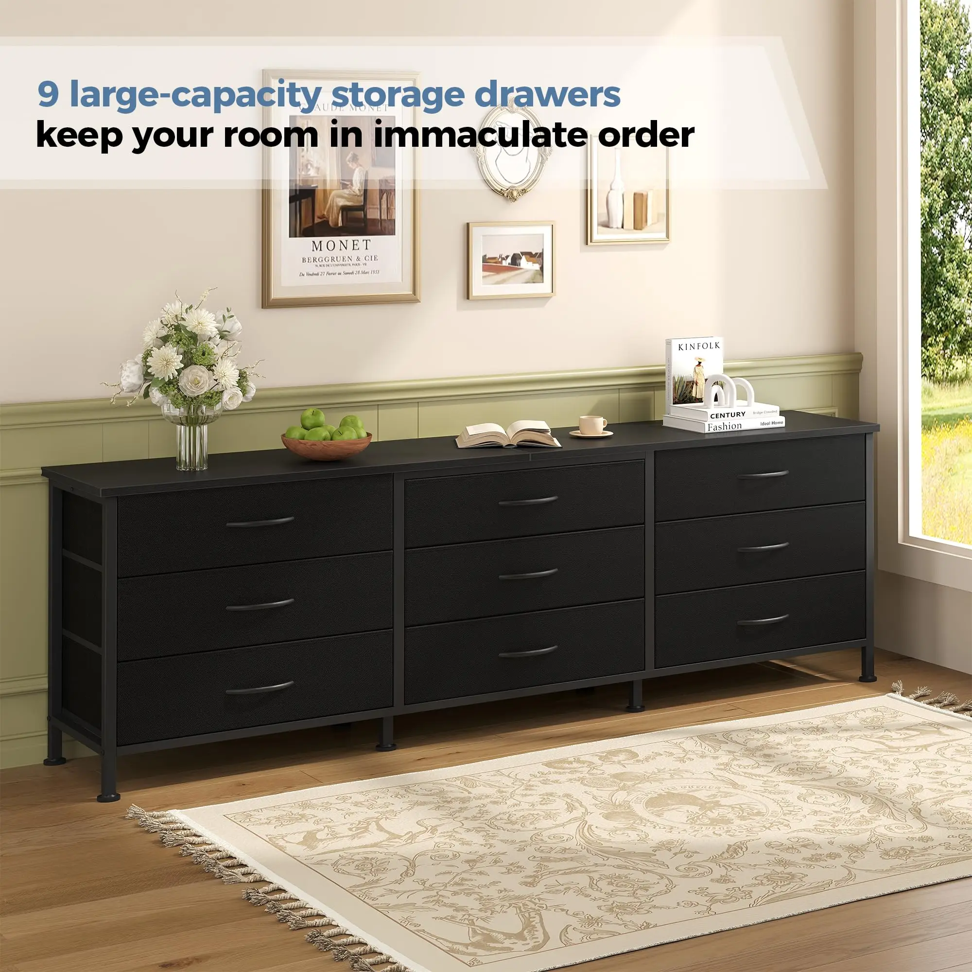 JHK Cabinet For Living Room With 9 Fabric Drawers Long Entertainment Center Up to 75 Inch TV Storage Display Of Furniture