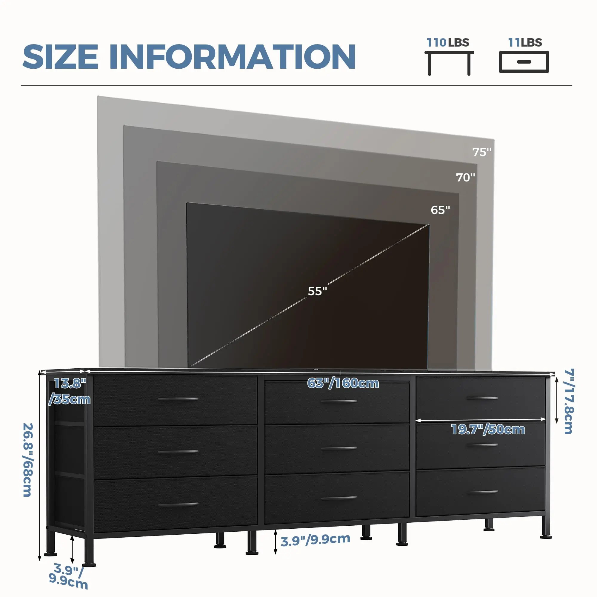 JHK Cabinet For Living Room With 9 Fabric Drawers Long Entertainment Center Up to 75 Inch TV Storage Display Of Furniture