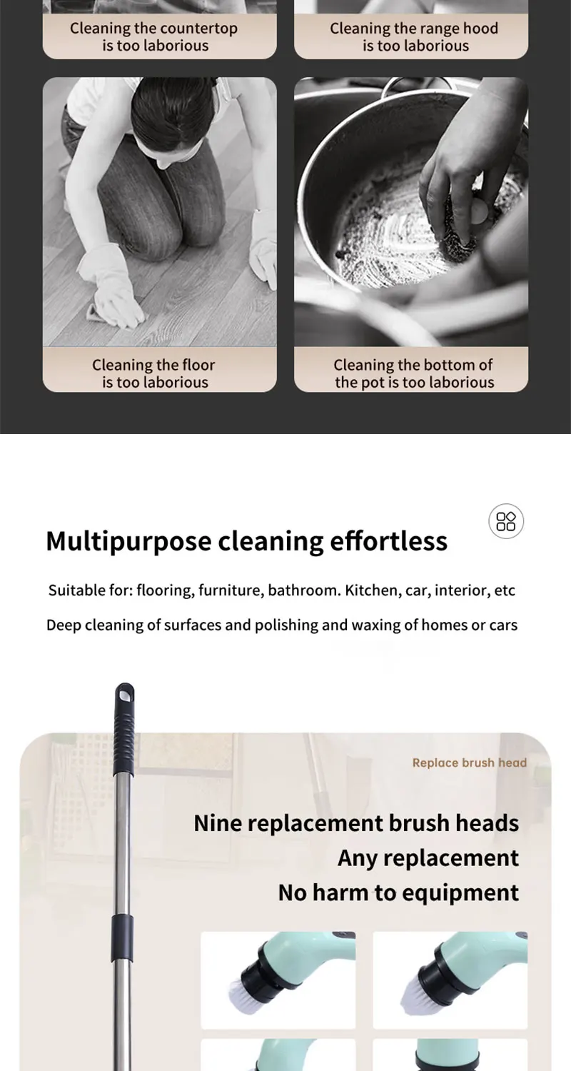 Electric Spin Scrubber – Cordless Shower Cleaner with 9 Brush Heads & Extendable Handle for Bathroom, Tub & Tile
