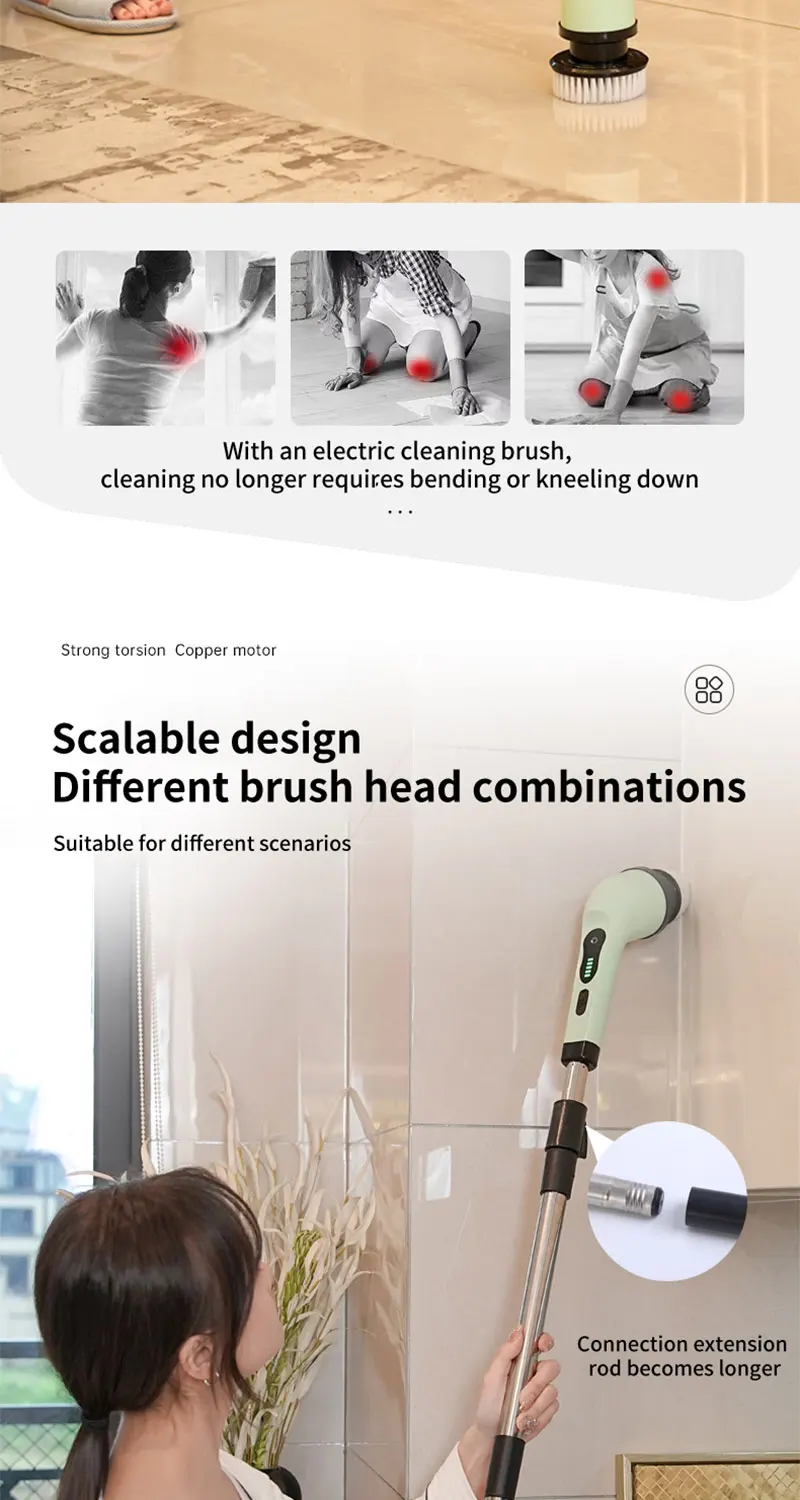 Electric Spin Scrubber – Cordless Shower Cleaner with 9 Brush Heads & Extendable Handle for Bathroom, Tub & Tile
