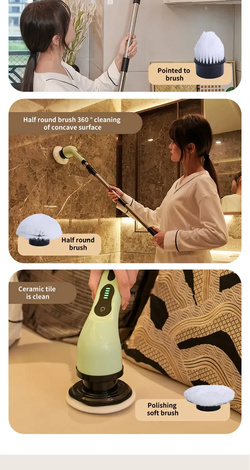 Electric Spin Scrubber – Cordless Shower Cleaner with 9 Brush Heads & Extendable Handle for Bathroom, Tub & Tile