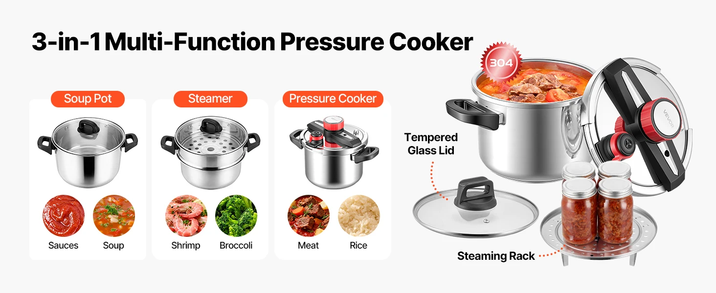 SucceBuy 6.3 8 10 12 Qt Pressure Cooker Stainless Steel Pressures Canner with Steaming Rack Tempered Glass Lid for Meat, Beans,