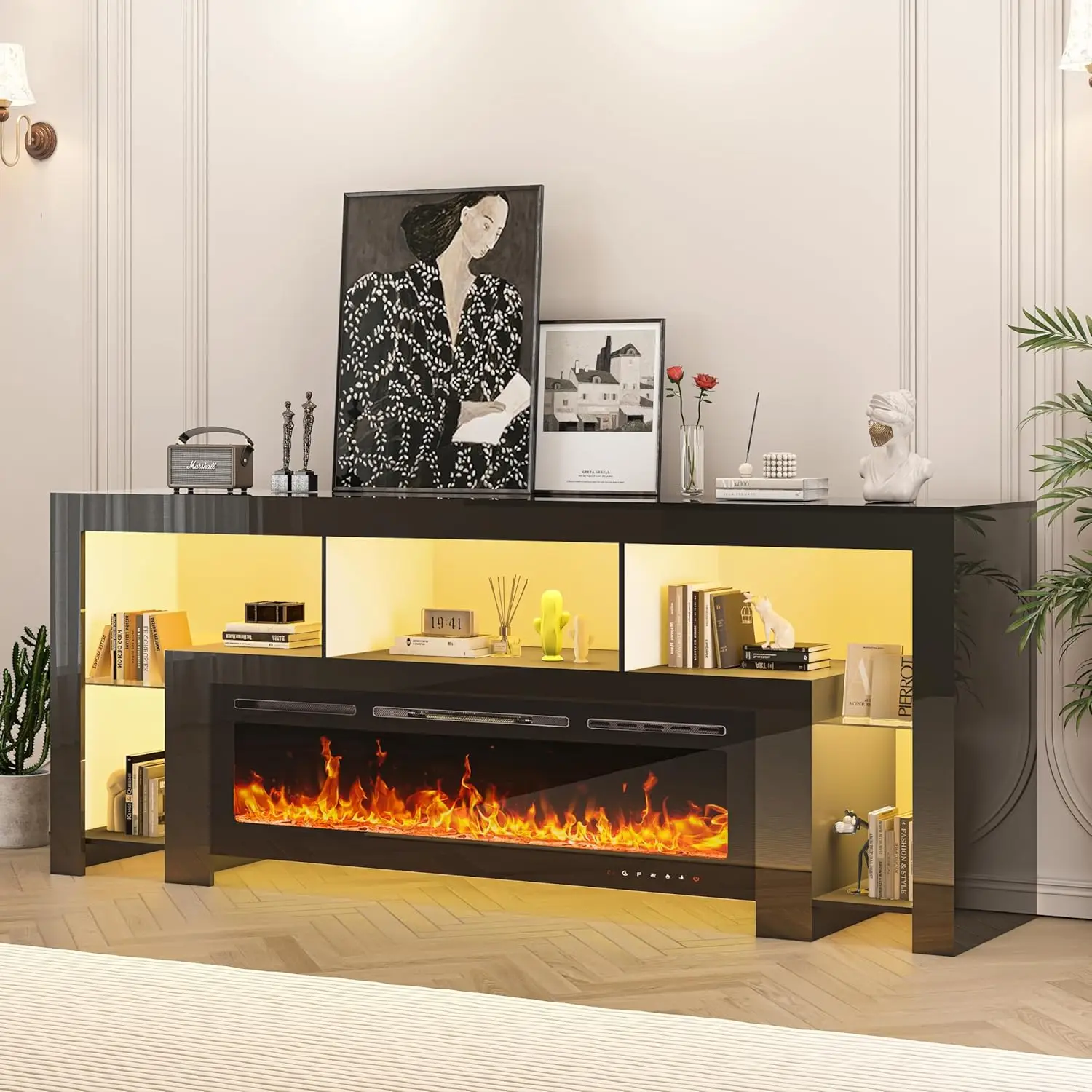 94.5" Fireplace TV Stand for TVs Up to 100", Gaming LED Entertainment Center with 50" Electric Fireplace, Modern High Gloss Medi