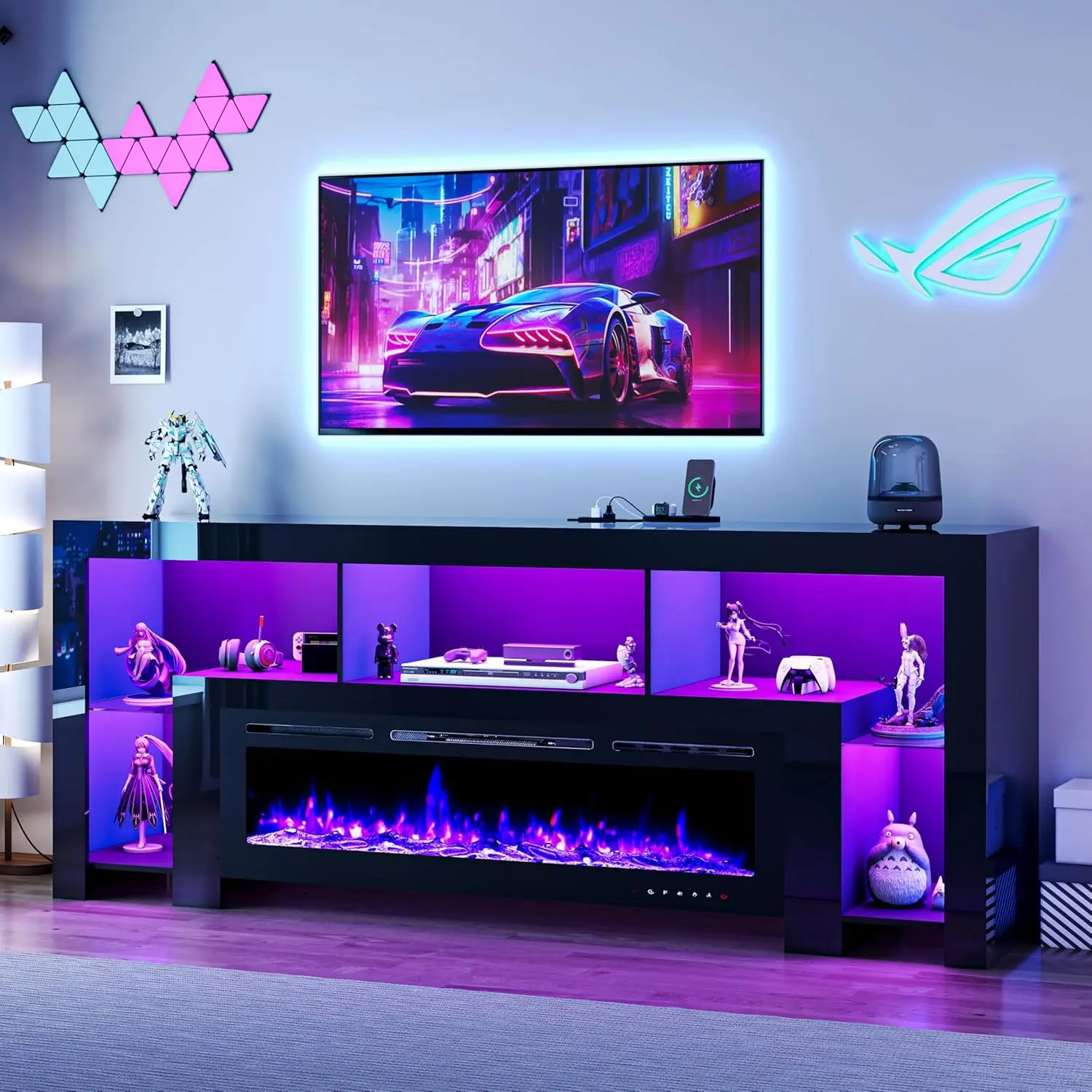 94.5" Fireplace TV Stand for TVs Up to 100", Gaming LED Entertainment Center with 50" Electric Fireplace, Modern High Gloss Medi