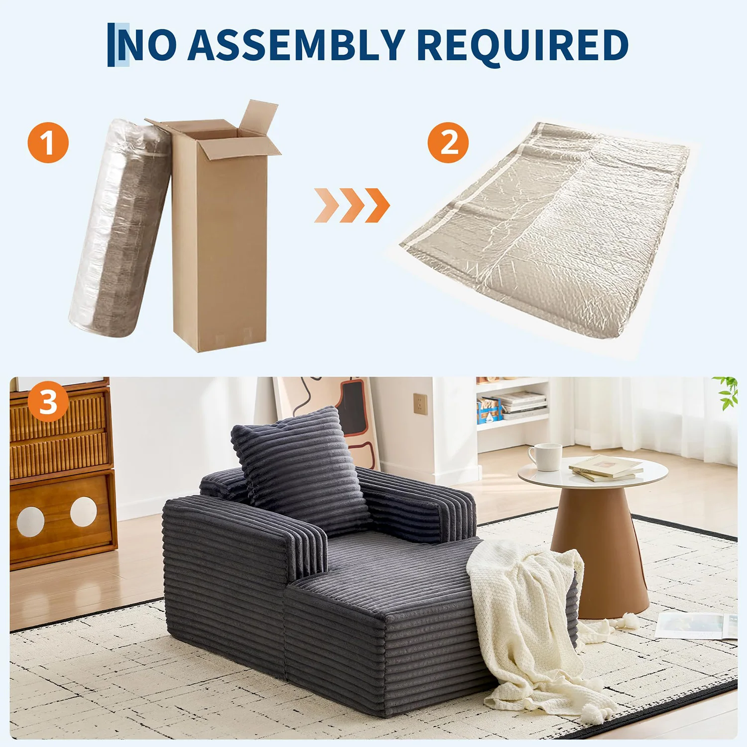 45'' Corduroy Cloud Chaise Lounge Sofa, Deep Seat Reading Chair With Wide Armrests, Back Pillow, No-Assembly Couch