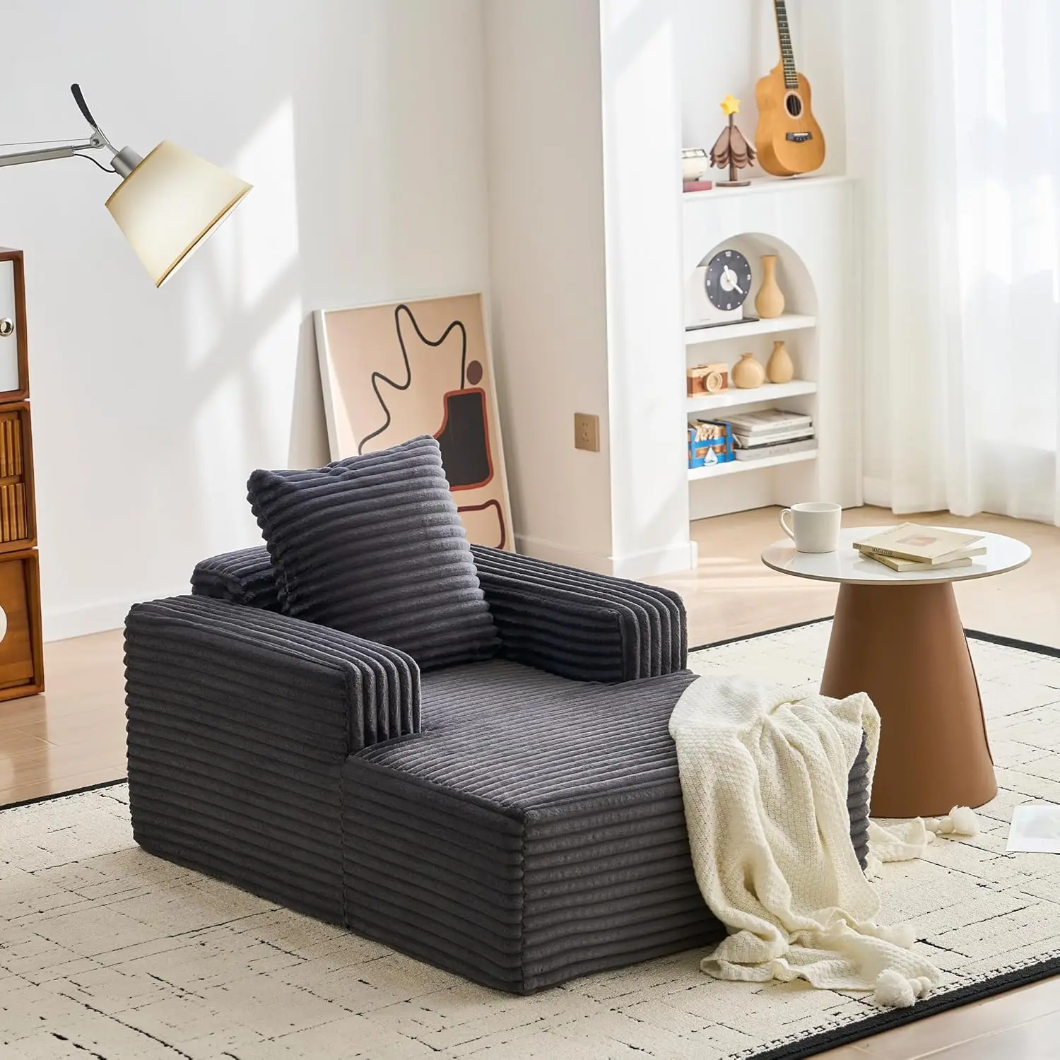45'' Corduroy Cloud Chaise Lounge Sofa, Deep Seat Reading Chair With Wide Armrests, Back Pillow, No-Assembly Couch
