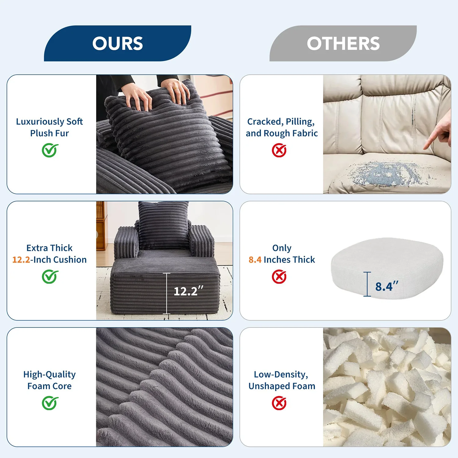 45'' Corduroy Cloud Chaise Lounge Sofa, Deep Seat Reading Chair With Wide Armrests, Back Pillow, No-Assembly Couch
