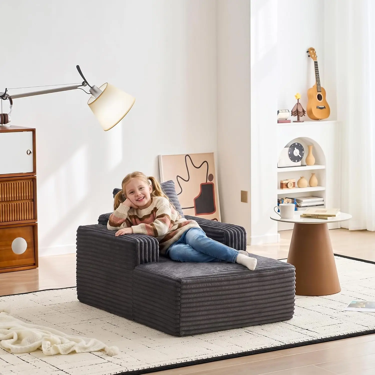 45'' Corduroy Cloud Chaise Lounge Sofa, Deep Seat Reading Chair With Wide Armrests, Back Pillow, No-Assembly Couch