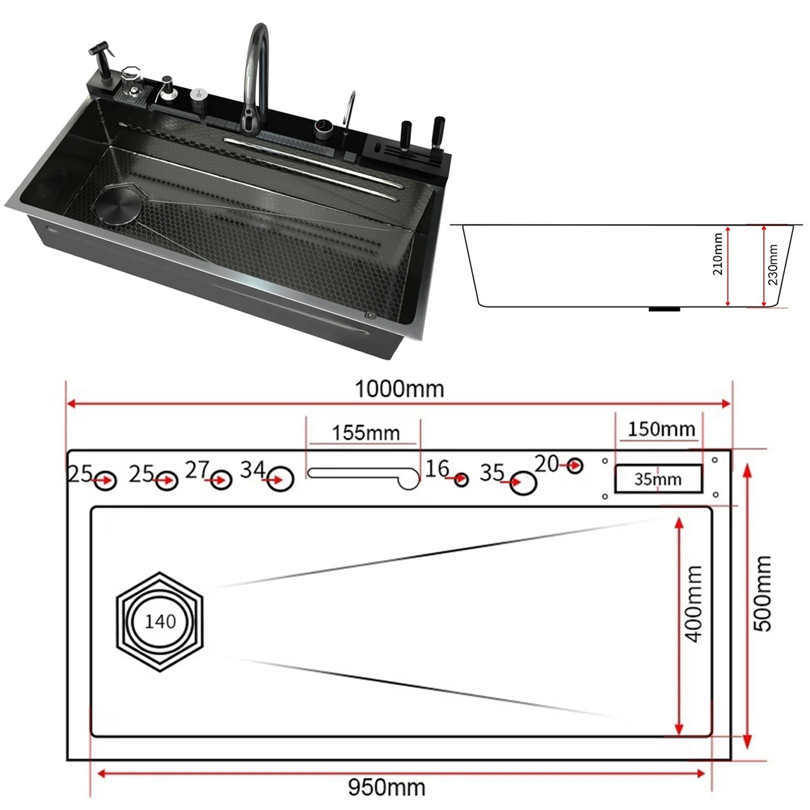 Modern Stainless Steel Kitchen Sink Multifunctional Sinks Waterfall Golden Large Single Slot Digital Display Washing Basin
