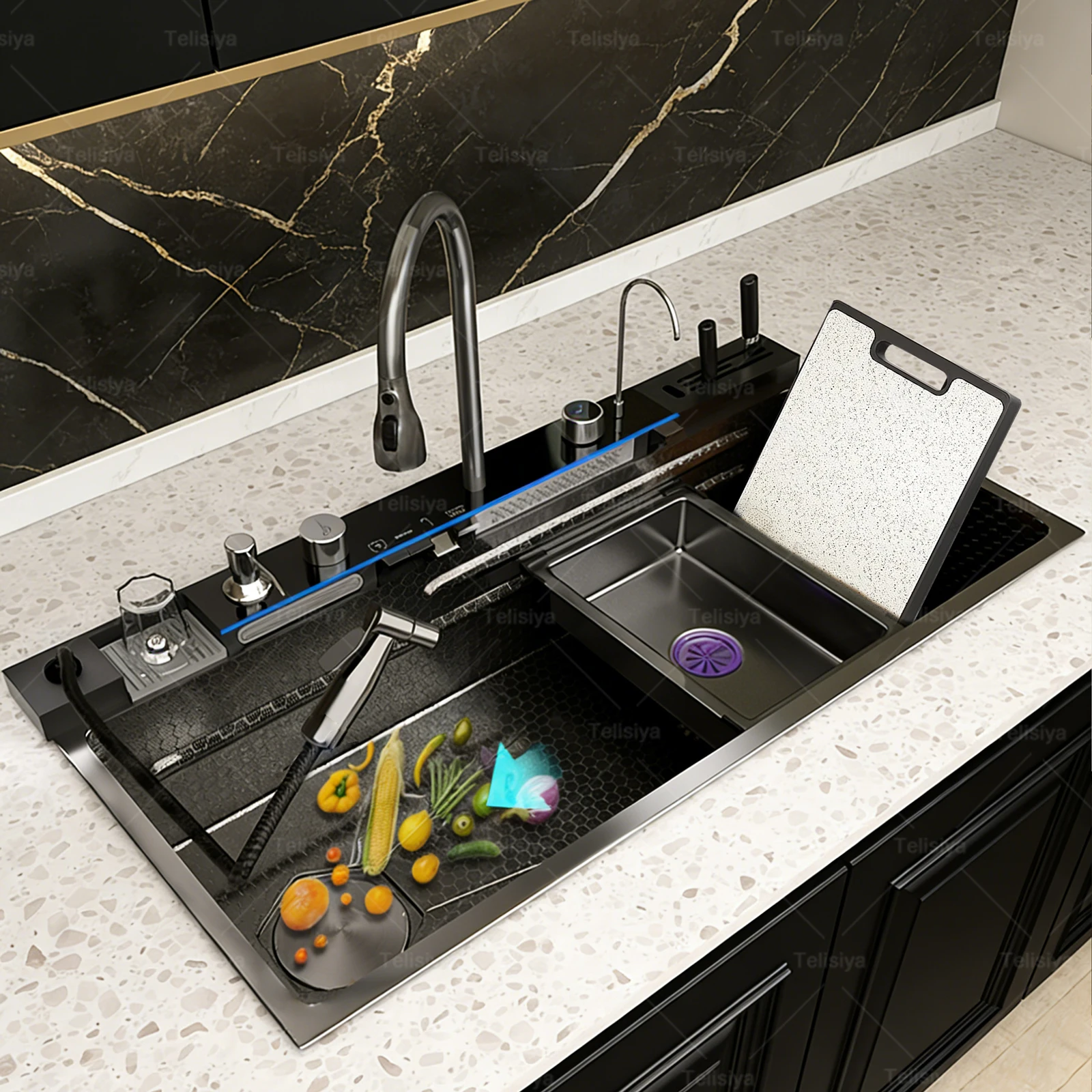 Modern Stainless Steel Kitchen Sink Multifunctional Sinks Waterfall Golden Large Single Slot Digital Display Washing Basin