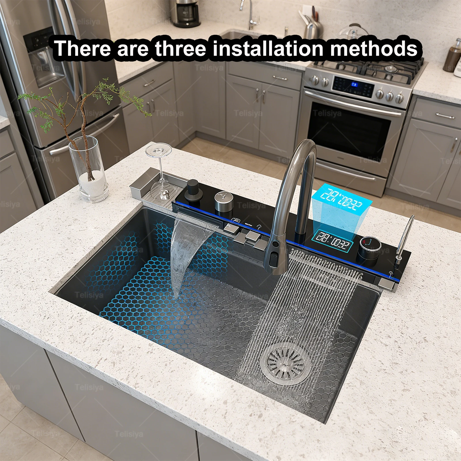 Modern Stainless Steel Kitchen Sink Multifunctional Sinks Waterfall Golden Large Single Slot Digital Display Washing Basin