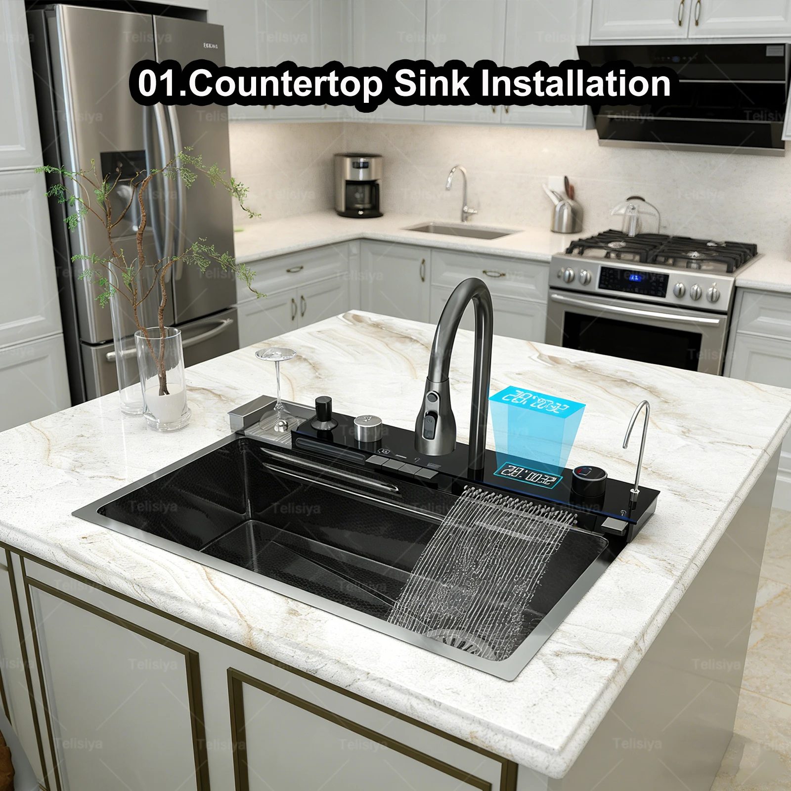 Modern Stainless Steel Kitchen Sink Multifunctional Sinks Waterfall Golden Large Single Slot Digital Display Washing Basin