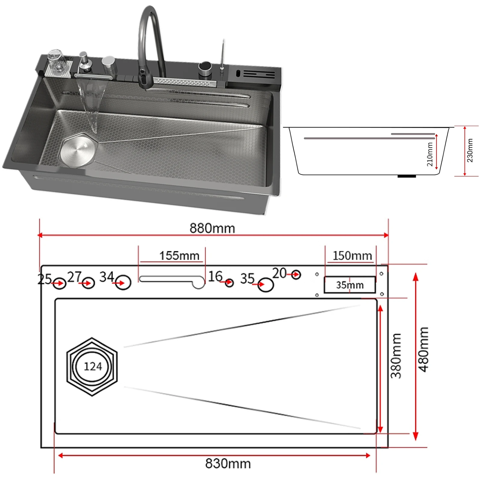 Modern Stainless Steel Kitchen Sink Multifunctional Sinks Waterfall Golden Large Single Slot Digital Display Washing Basin