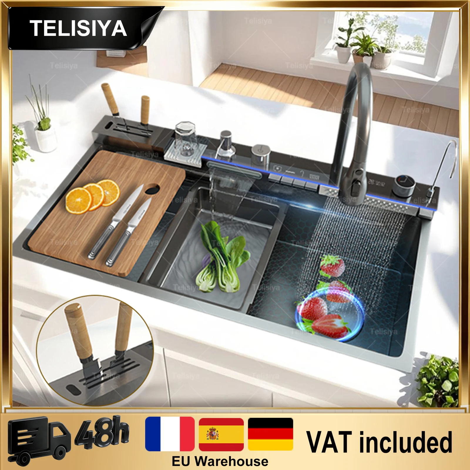 Modern Stainless Steel Kitchen Sink Multifunctional Sinks Waterfall Golden Large Single Slot Digital Display Washing Basin