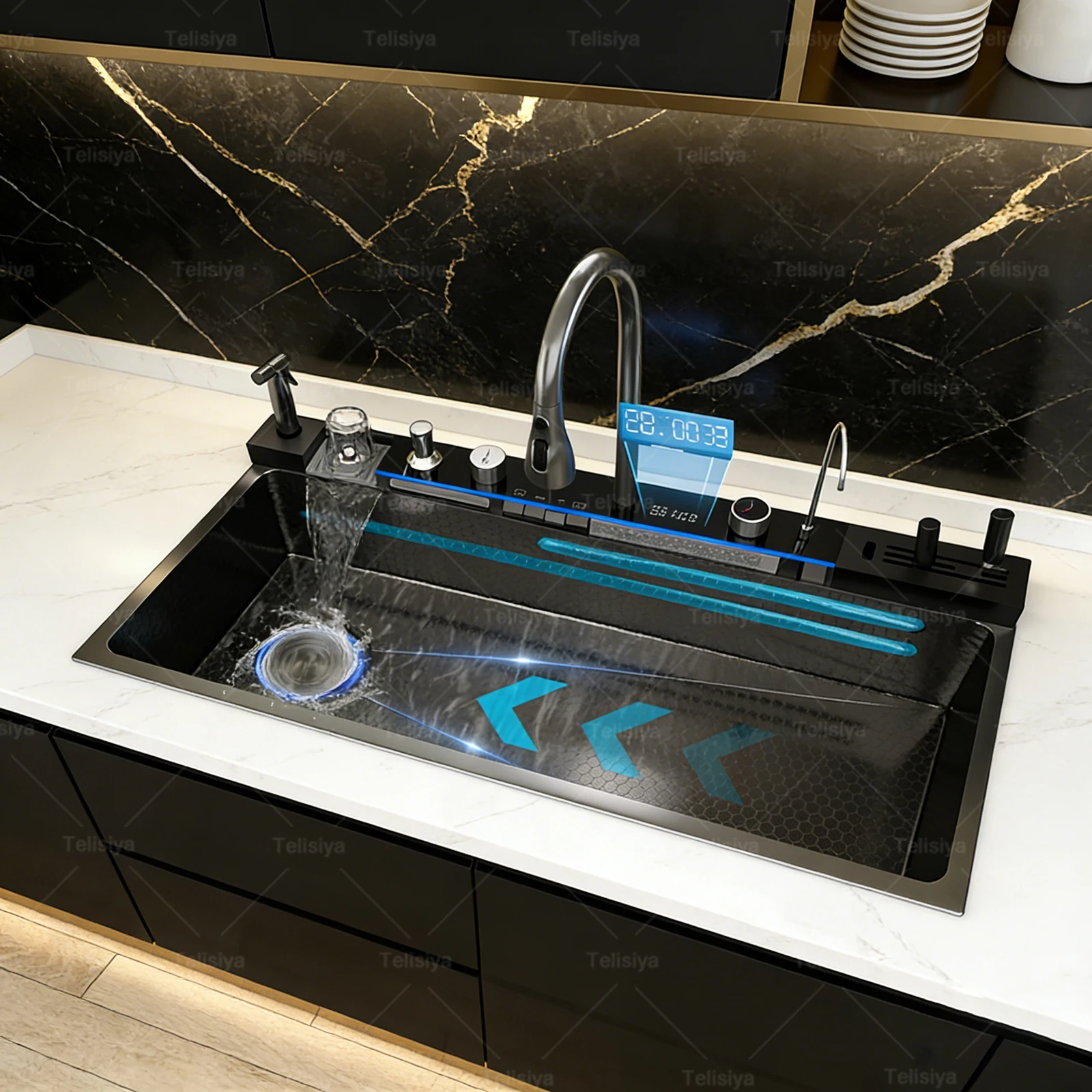 Modern Stainless Steel Kitchen Sink Multifunctional Sinks Waterfall Golden Large Single Slot Digital Display Washing Basin