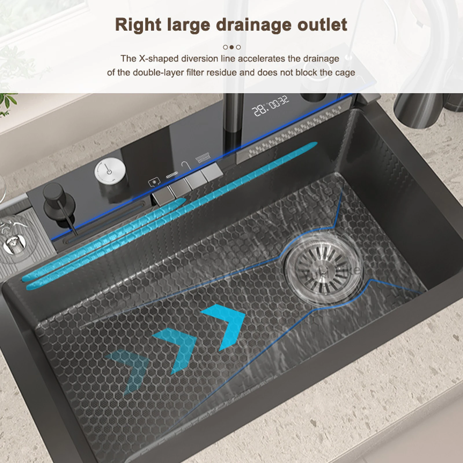 Modern Stainless Steel Kitchen Sink Multifunctional Sinks Waterfall Golden Large Single Slot Digital Display Washing Basin