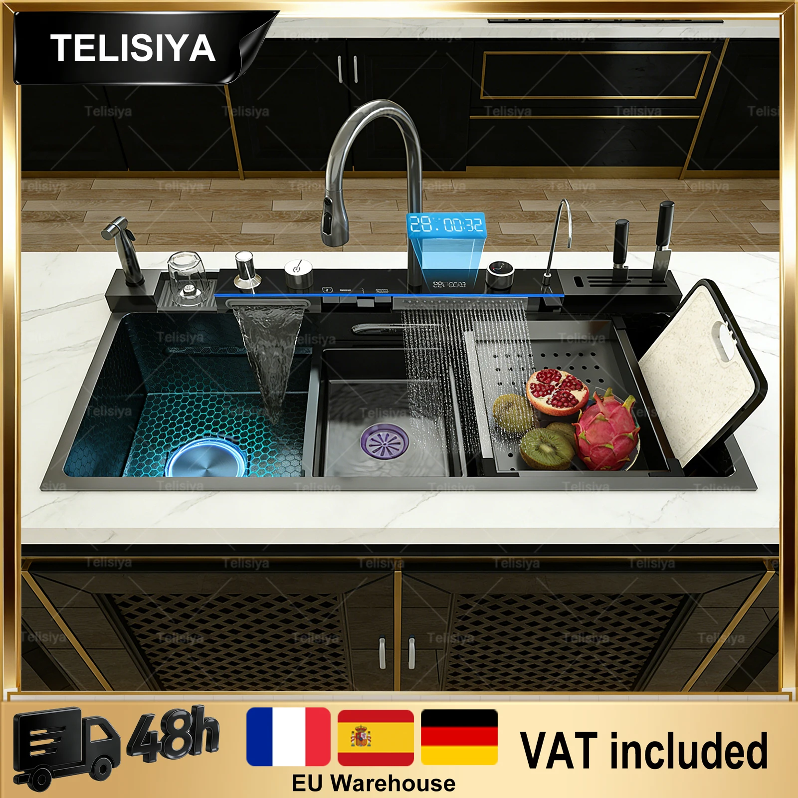 Modern Stainless Steel Kitchen Sink Multifunctional Sinks Waterfall Golden Large Single Slot Digital Display Washing Basin